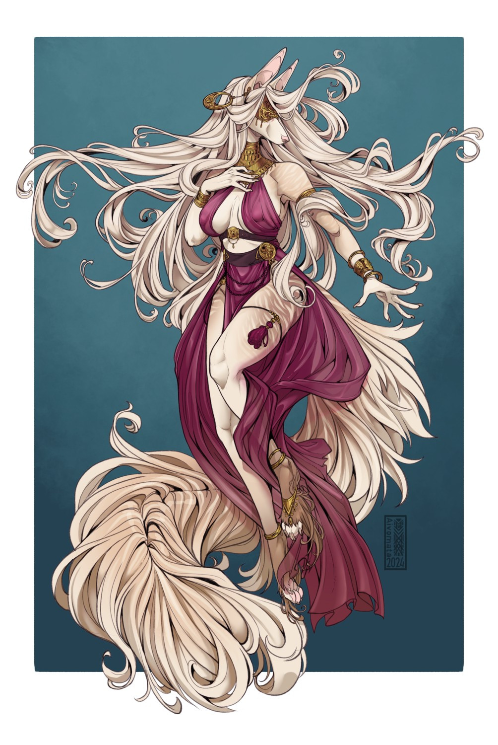 Floating anthro canine with her white hair and tail flowing around her. She's dressed in dark magenta colored dress and wears a golden blindfold and lots of jewelry.