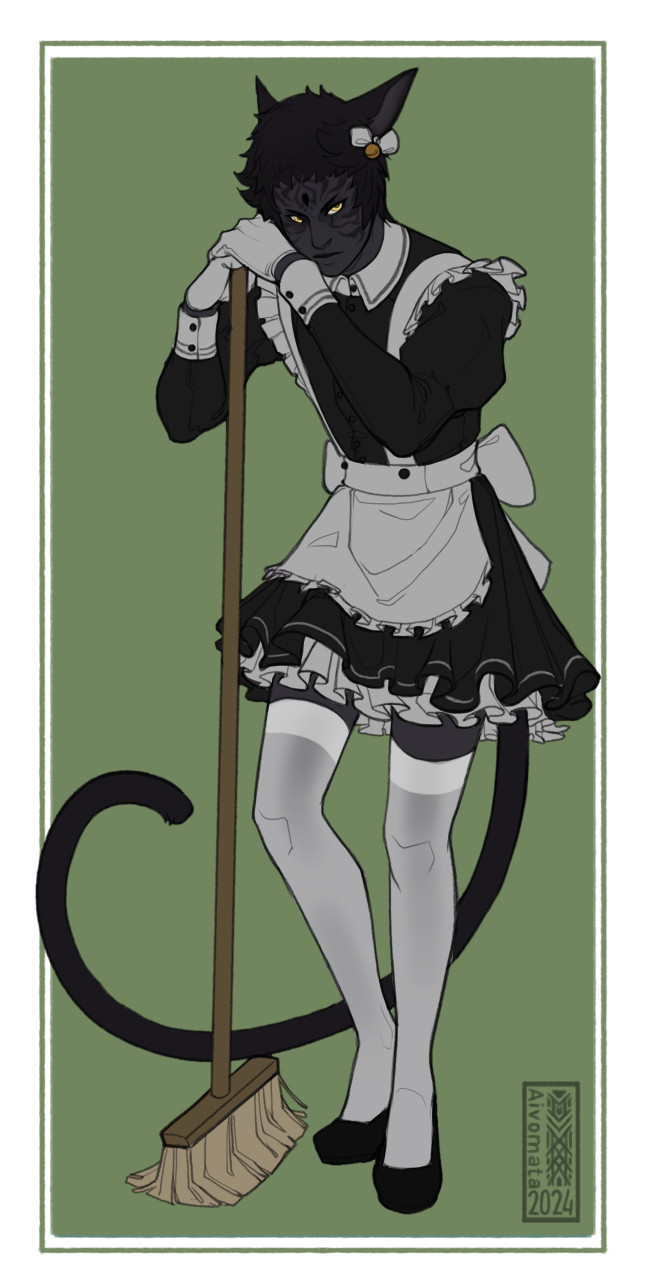 Gray skinned catboy leaning on a broom while wearing a maid dress. He's not amused by the fact.