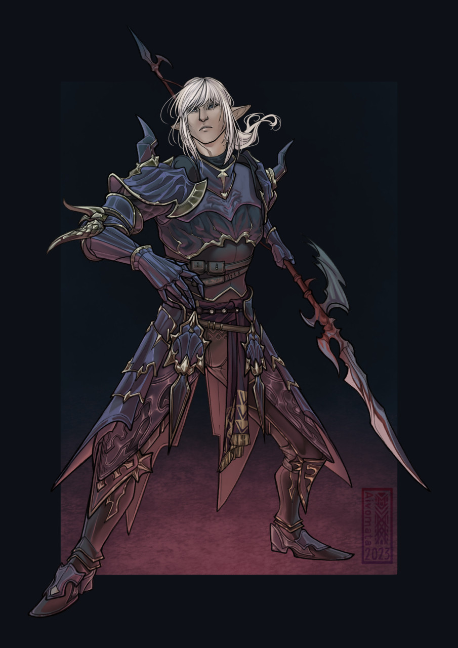 White haired elven man (Estinien from Final fantasy XIV) standing ready for a battle, holding a lance behind him. He's wearing an ornate suite of armor. 