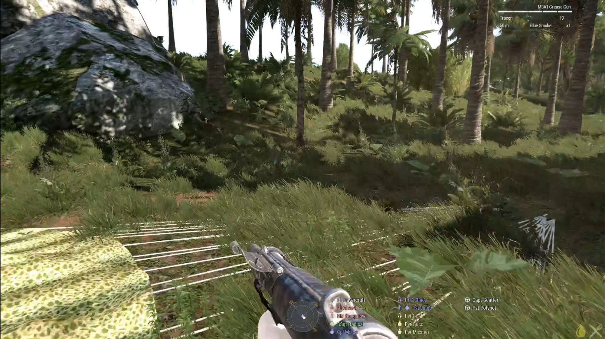 A screenshot from Arma3 showing a parachute on the ground near some rocks and a small, tree covered ridge. At the bottom of the rocks sits a pilot waiting to be rescued.