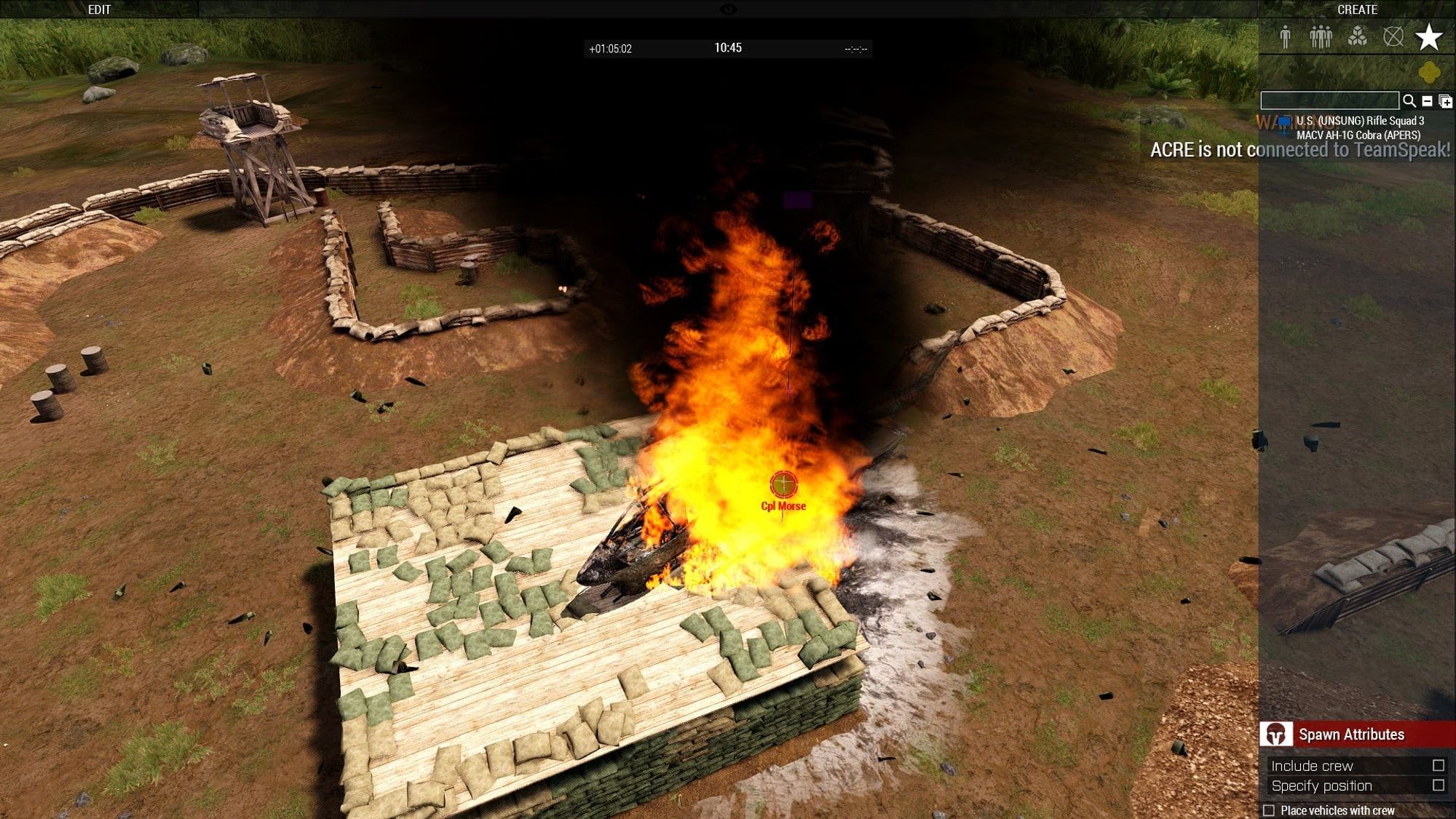 A screenshot from the game arma 3, showing a cobra helicopter crashed and burning on the top of a small fortified bunker.