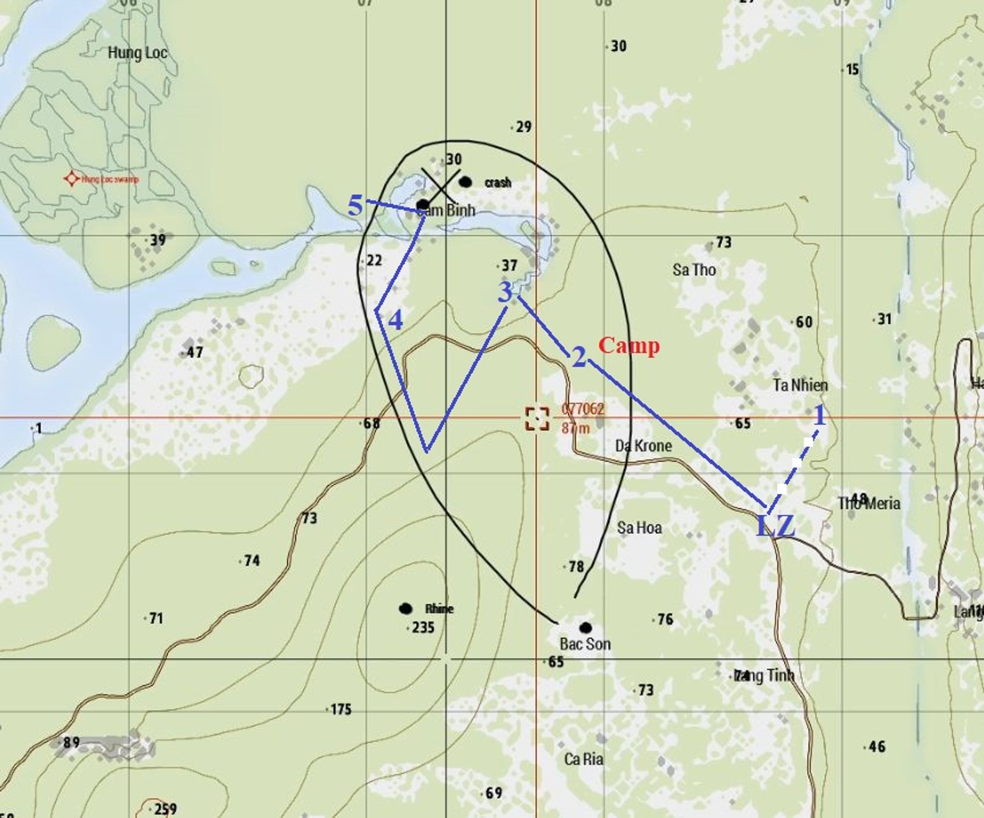 A map from the computer game Arma3. A landing zone is marked, along with 5 locations marked numerically with route of march between them shown as lines. A hostile camp is also marked near location 2.