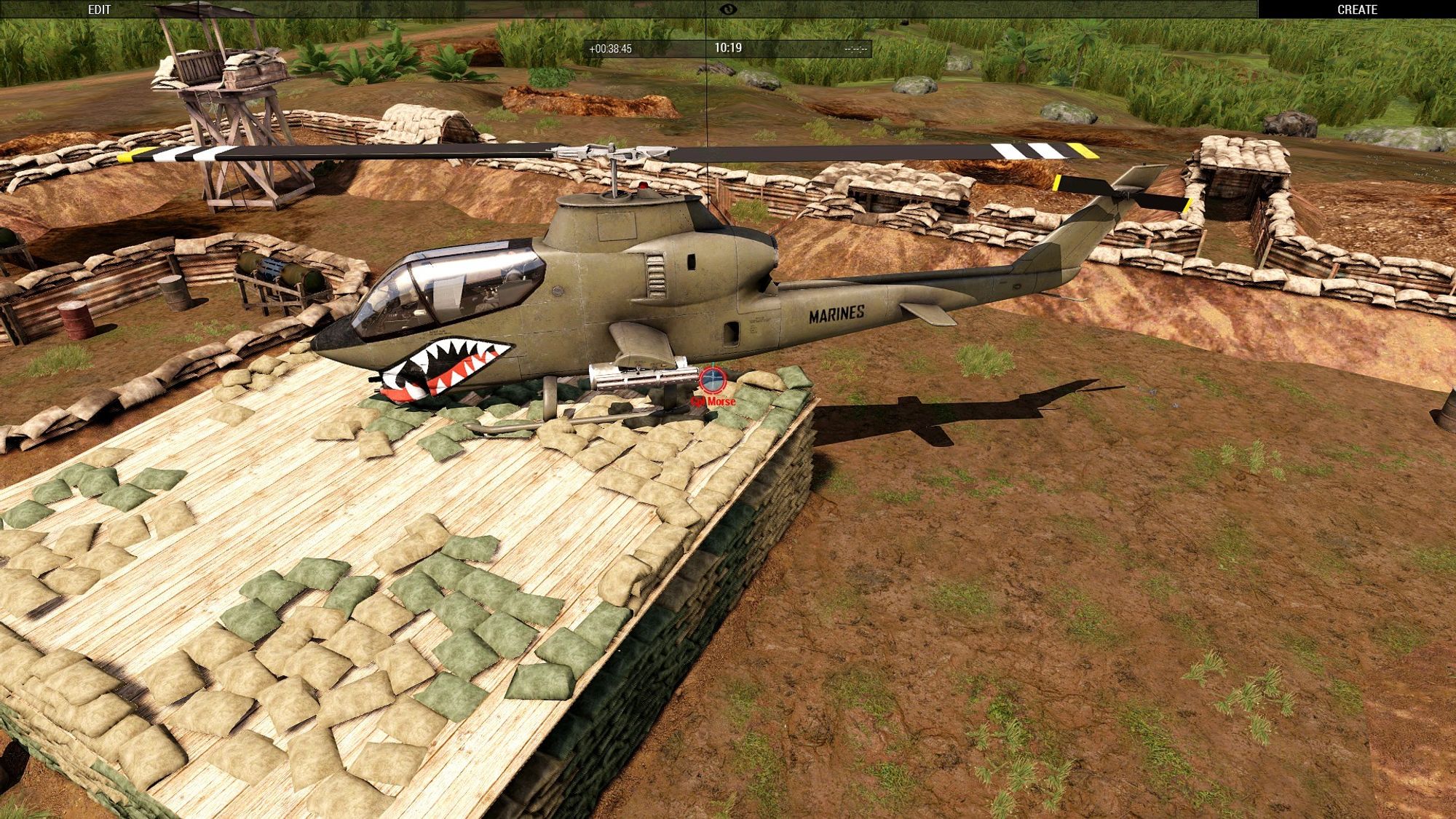 A screenshot from the game arma 3, showing a cobra helicopter landed on the top of a small fortified bunker.