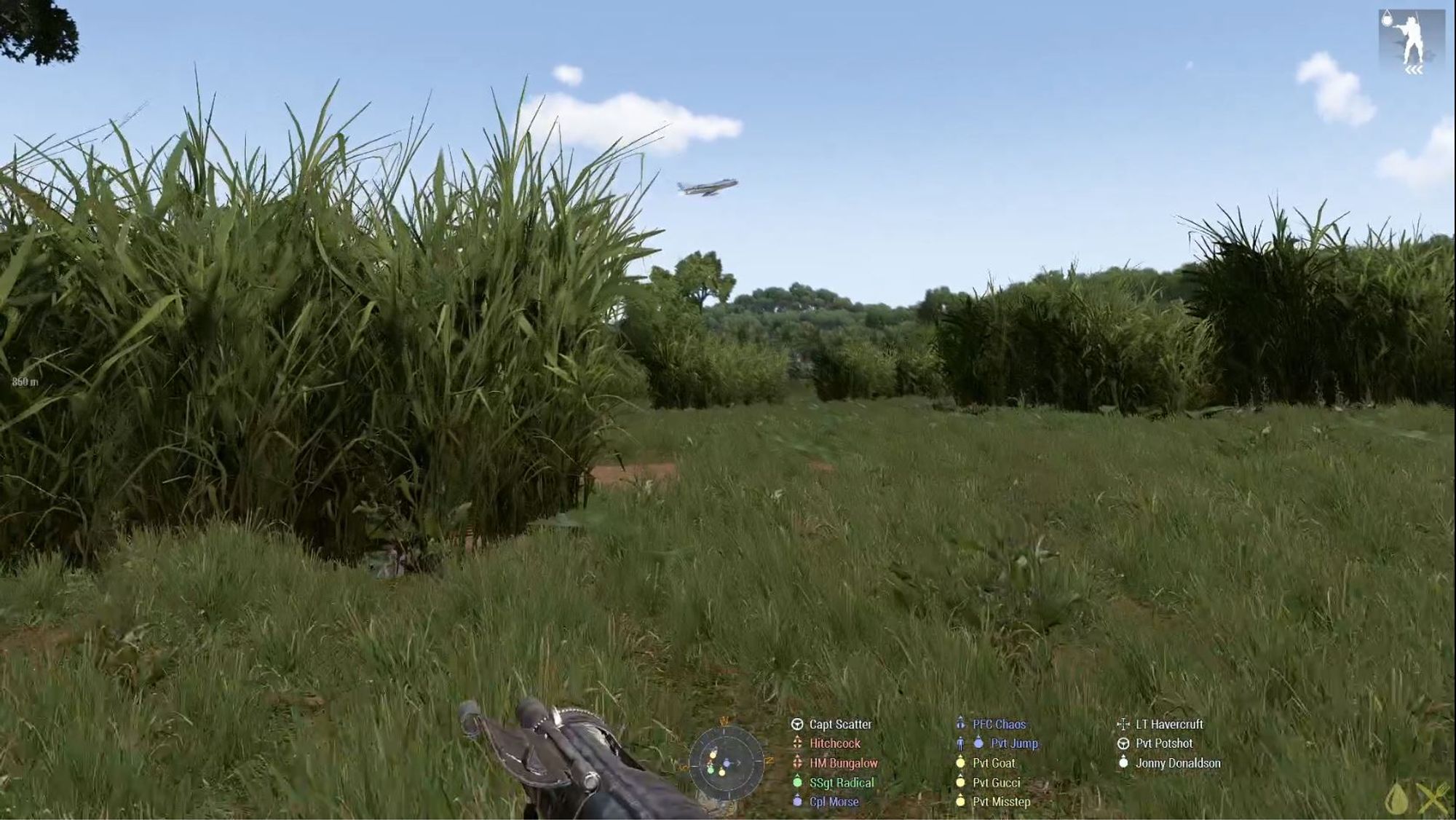 A screenshot from the game Arma3 showing a Mig flying low over a sunlit countryside.