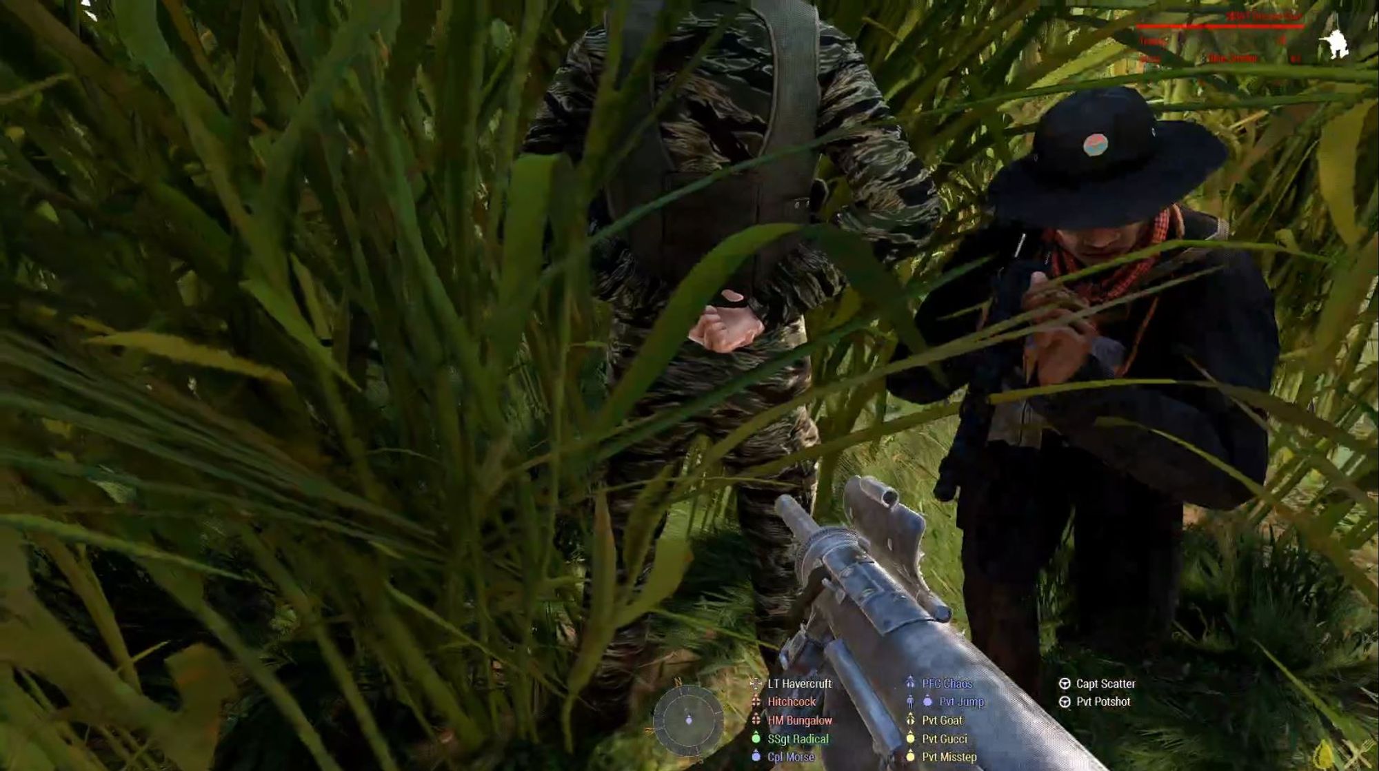 A screenshot from the game Arma3 showing close combat in some dense vegetation.