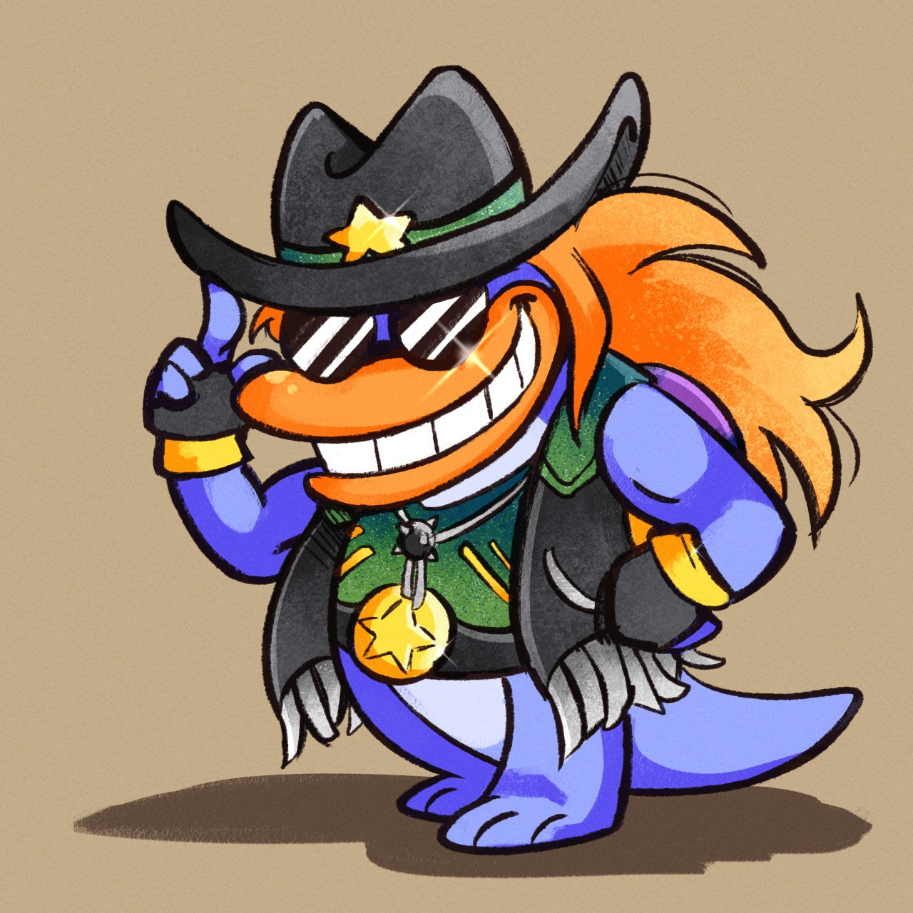 An imagining of what Grubba looked like back in his golden wrestling years! He has a black cowboy hat with a gold star in the center of its band, a black outer vest with a silver fringe, a bolo tie decorated with a Spike ball in a nod to his heritage, and of course a more glorious mane of hair.