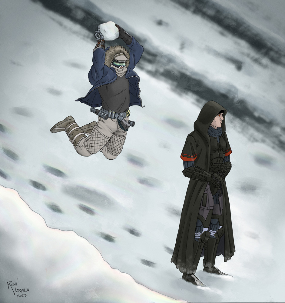 A redraw of that snowball attack meme that went viral from photos of snowfall in Egypt back in circa 2016. The difference being it now features two player made characters from Star Wars: The Old Republic.