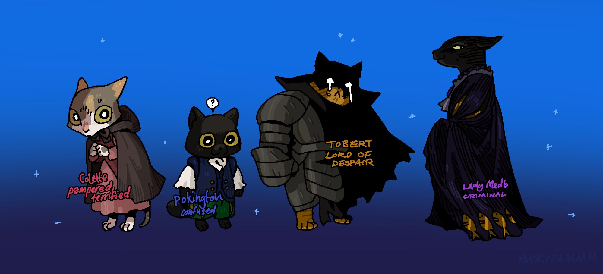 four bipedal cats in vaguely fantasy-like garb, titled: colette (pampered, terrified), pokington (confused), tobert (lord of despair), lady medb (criminal)