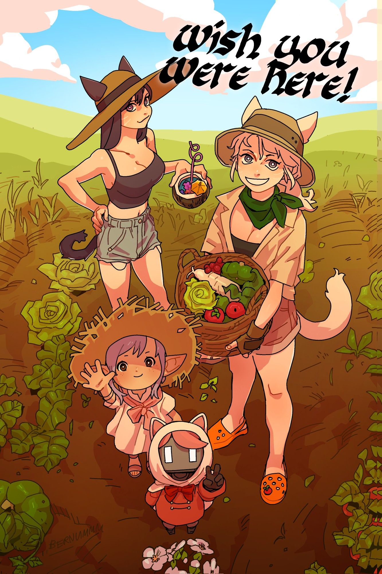 Two femme mi'qote, Tataru and the Felicitous Feline pose in a field of vegetables. 'Wish you were here!' Is written on top.