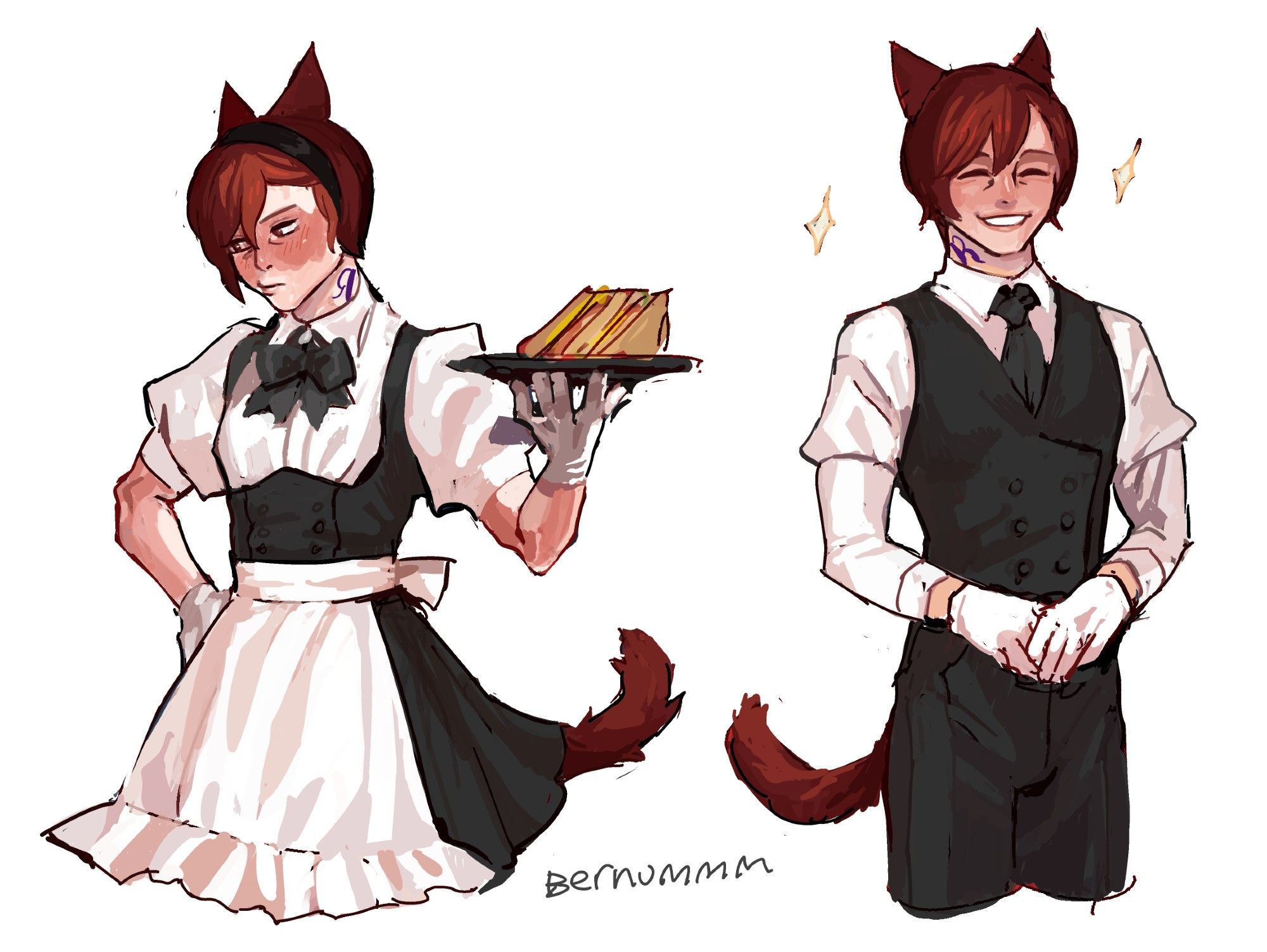 g'raha tia - left, in a maid outfit, looking embarassed, right, in a butler's uniform, looking pleased