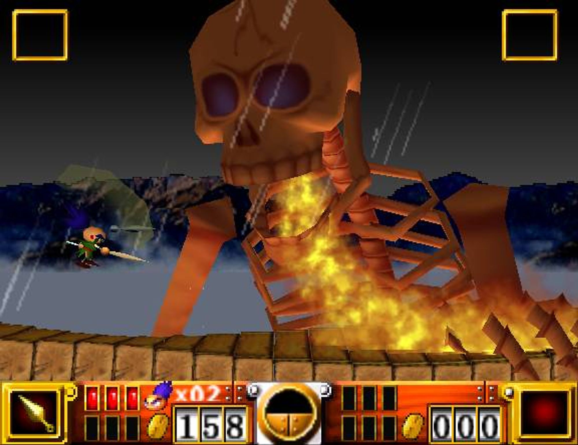 a screenshot from the n64 game goemon's great adventure. a tiny robot fights a fire-breathing skeleton that is as tall as a mountain.