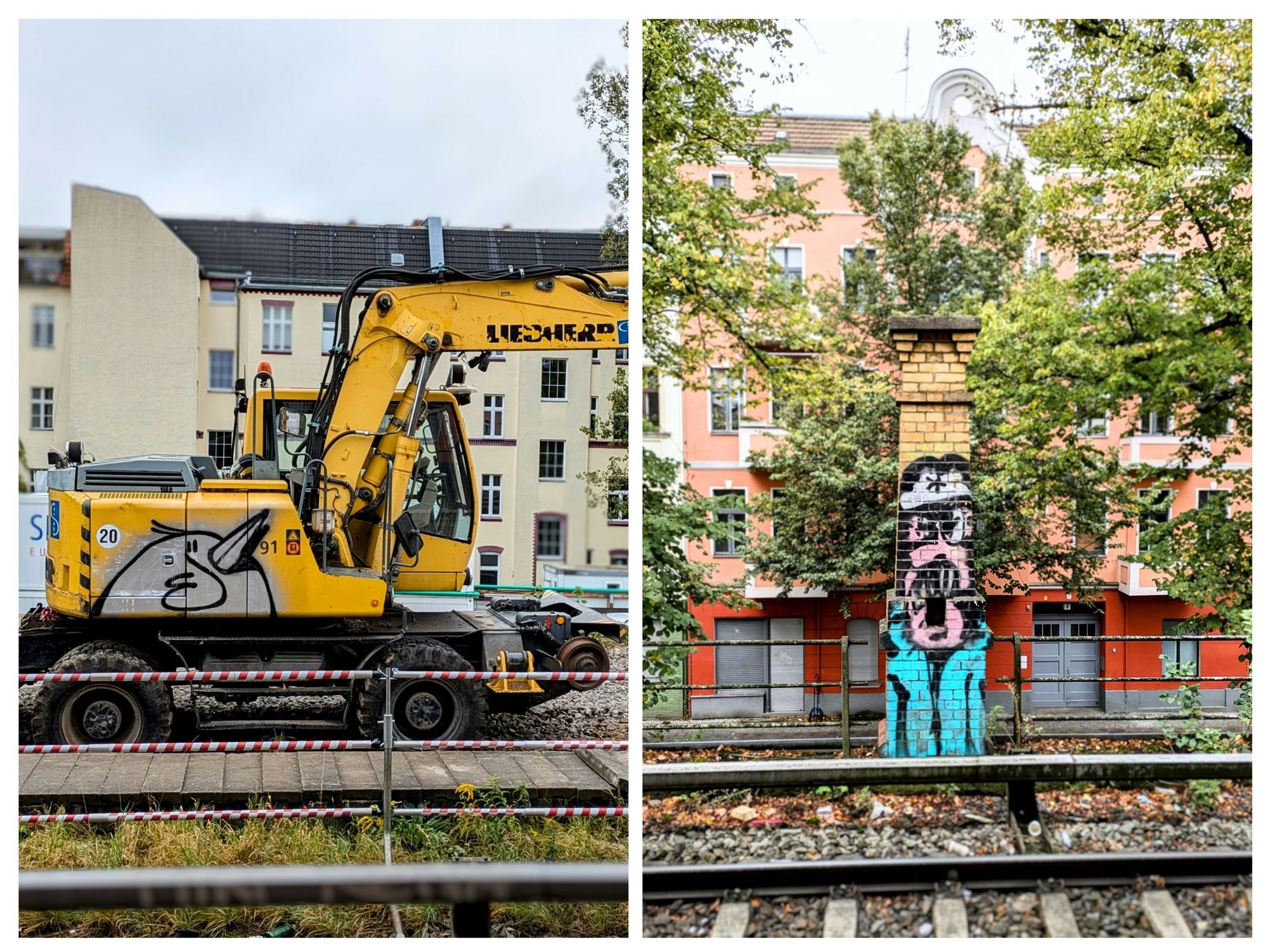 Bagger mit Vogel-Graffiti 
Polizisten-Graffiti an S-Bahn-Gleis