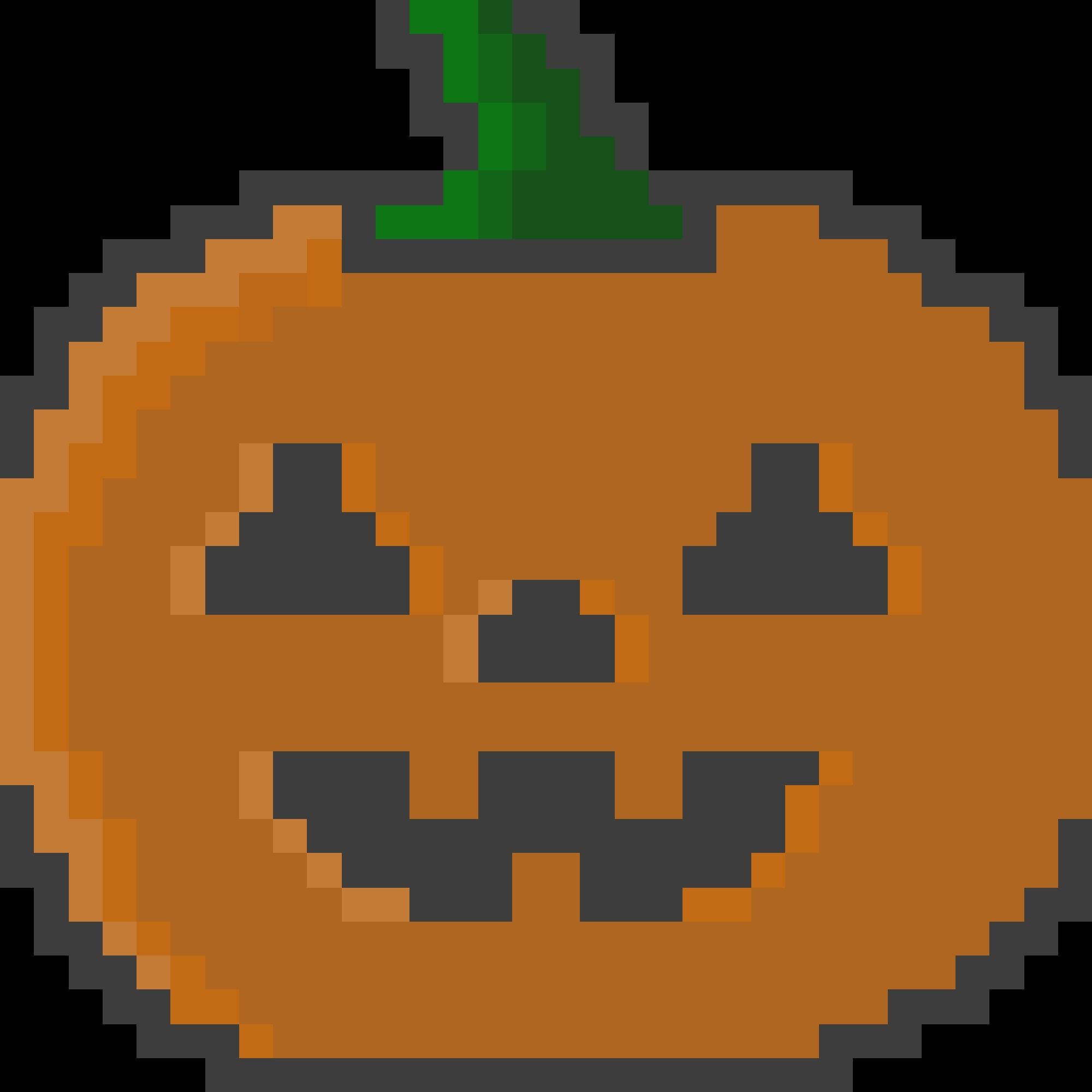 A pumpkin, with a green stem, triangular eyes and a toothy smile. My first attempt at pixel art