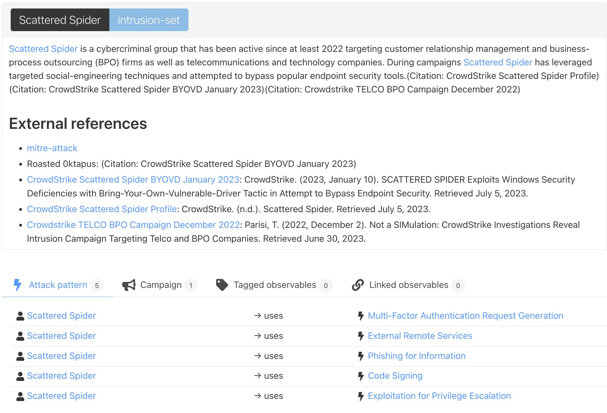 Screenshot of Yeti showing information on the Scattered Spider intrusion set.