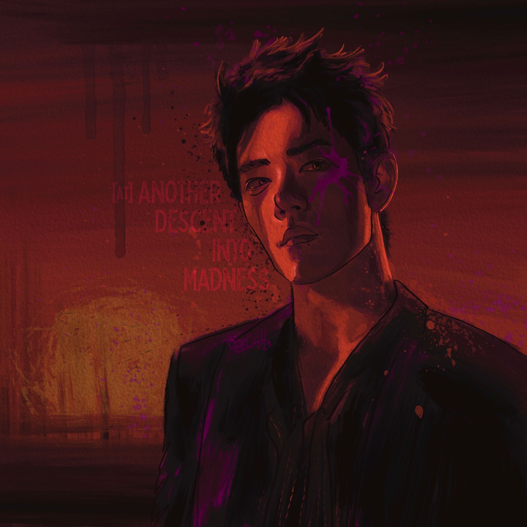 A painterly portrait of Xiao Zhan as the modern Yiling LaoZu, all in black and red, facing the viewer, his hair spiky and tousled, a stripe of orange light across his face, with a bloody sunrise in the background. I can’t fucking stand how much I love this character, I can never capture him the way he deserves 💀