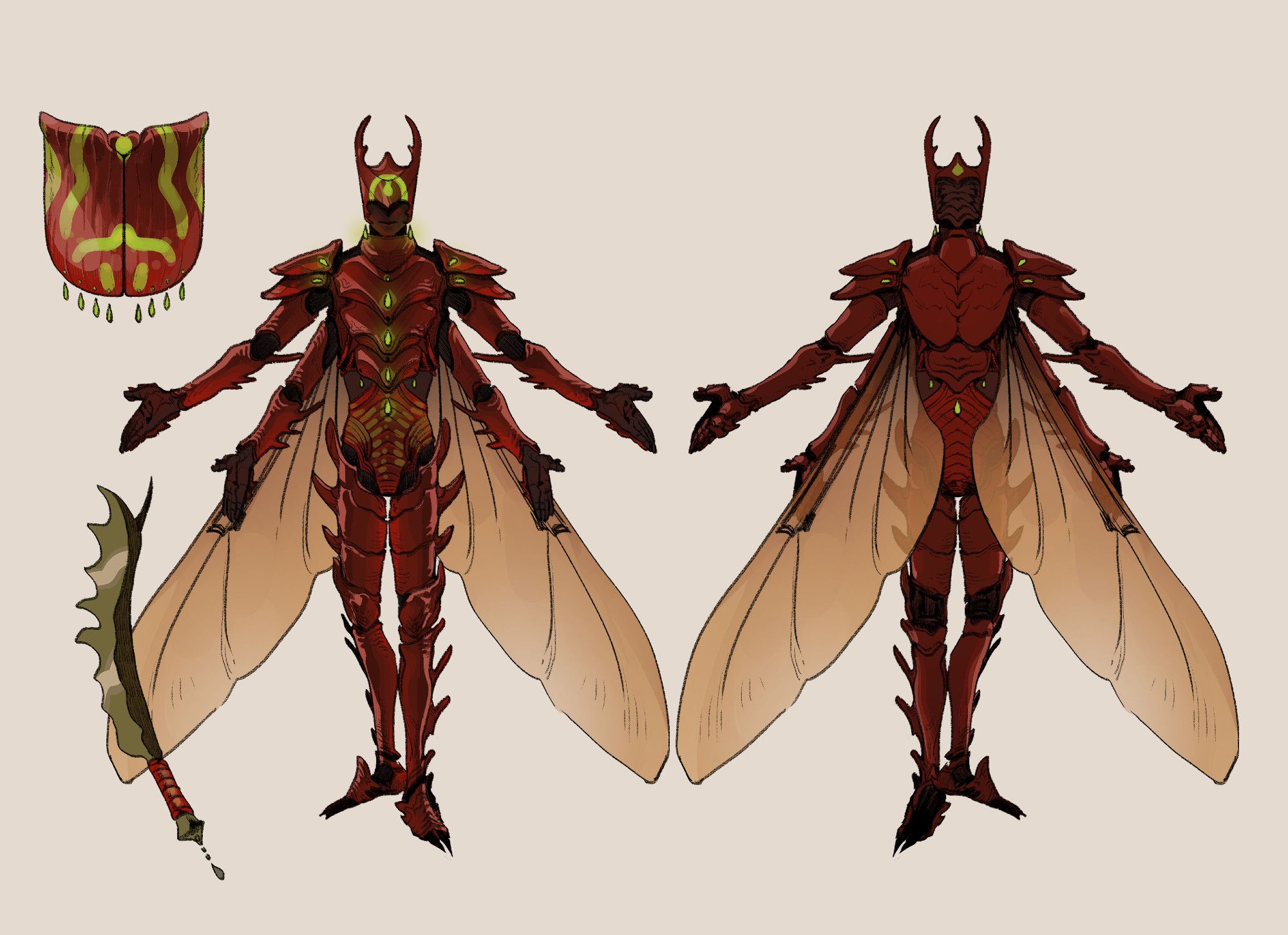 A digital drawing of a black-skinned fantasy character inspired by beetles, with front and back view. He is covered from head to toe in a smooth glossy spiky red-brown armour that looks like the chitinous exoskeleton of a beetle. He has 4 arms, outstretched to better show the design. He is wearing a helmet adorned with horns that look like stag beetle horns, and hides half his face. His armor is adorned with tiny neon green gems that are shaped like droplets. A motif is drawn on his helmet, a green dot and a half-circle over it, colored neon green as well. Big brown beetle wings are protruding from the back of his chestplate. Next to him are drawn his shield and sword. The shield in shaped like the elytras of a scarab beetle, also reddish brown and glossy like his armor, and covered in a neon green motif that is shaped like the motif on a fiddler beetle's elytras. The sword is arched and has a jagged blade, it looks like a giant mandible or perhaps part of a beetle’s leg.