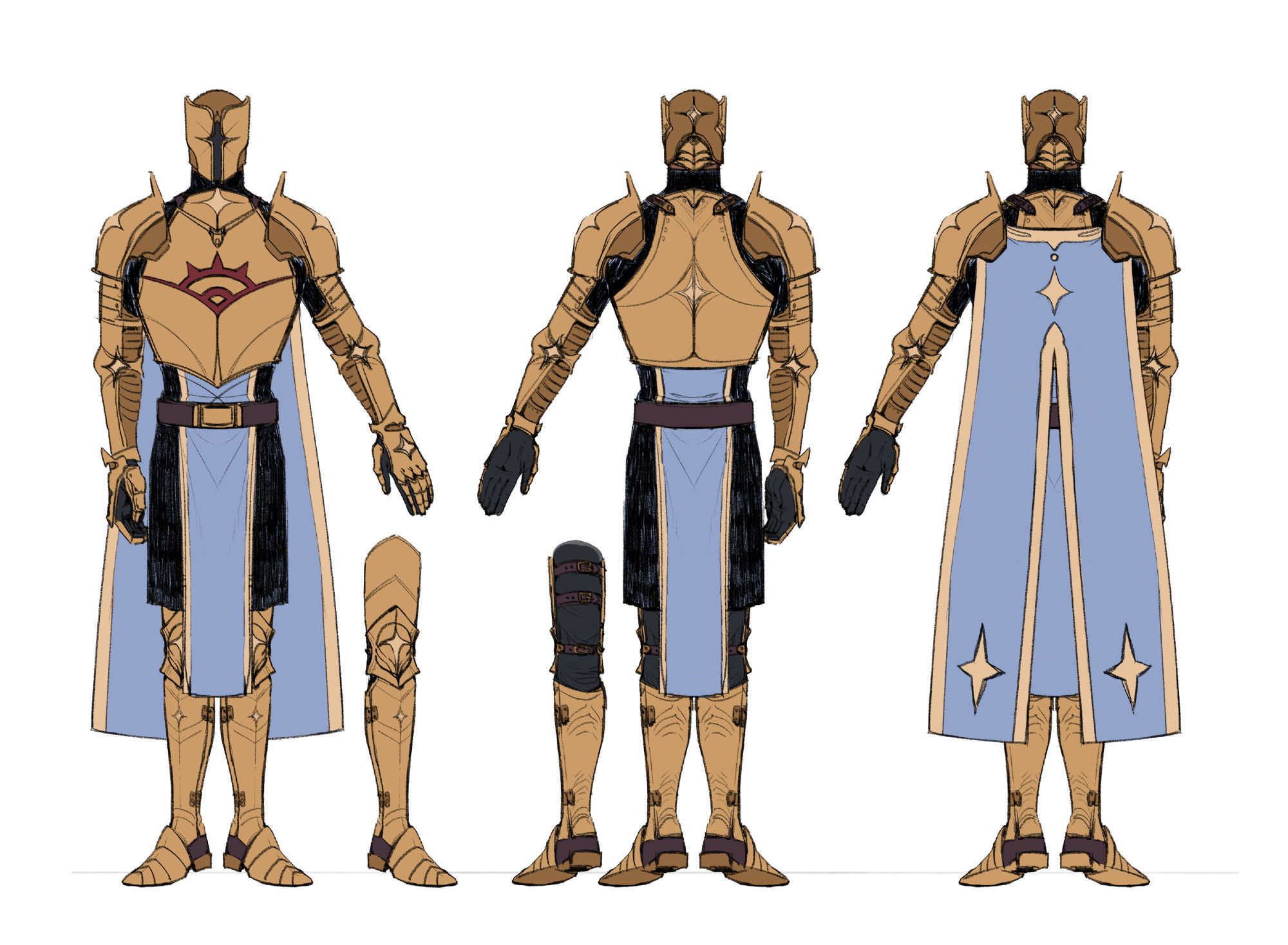 A digital drawing of a male knight character wearing full golden armor and a blue cape and blue tabard. His face is hidden under a helmet. He has motifs of a four point star all over his design. The drawing shows both the front and back of his design, as well as the back when not hidden by the cape.