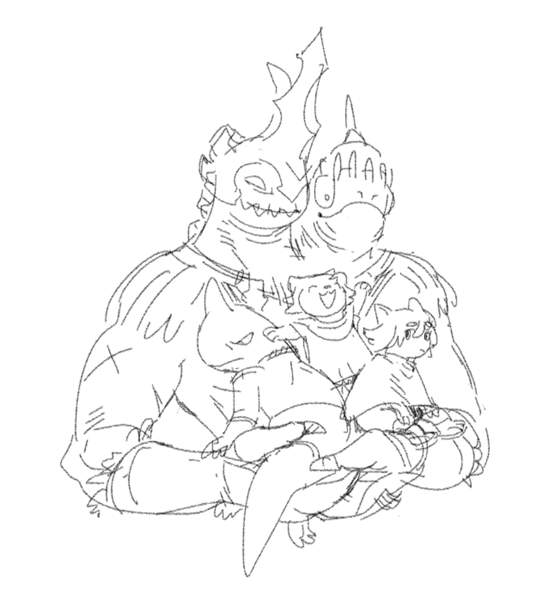 Doodle of Gulool Ja Ja holding his 3 small children in his arms.