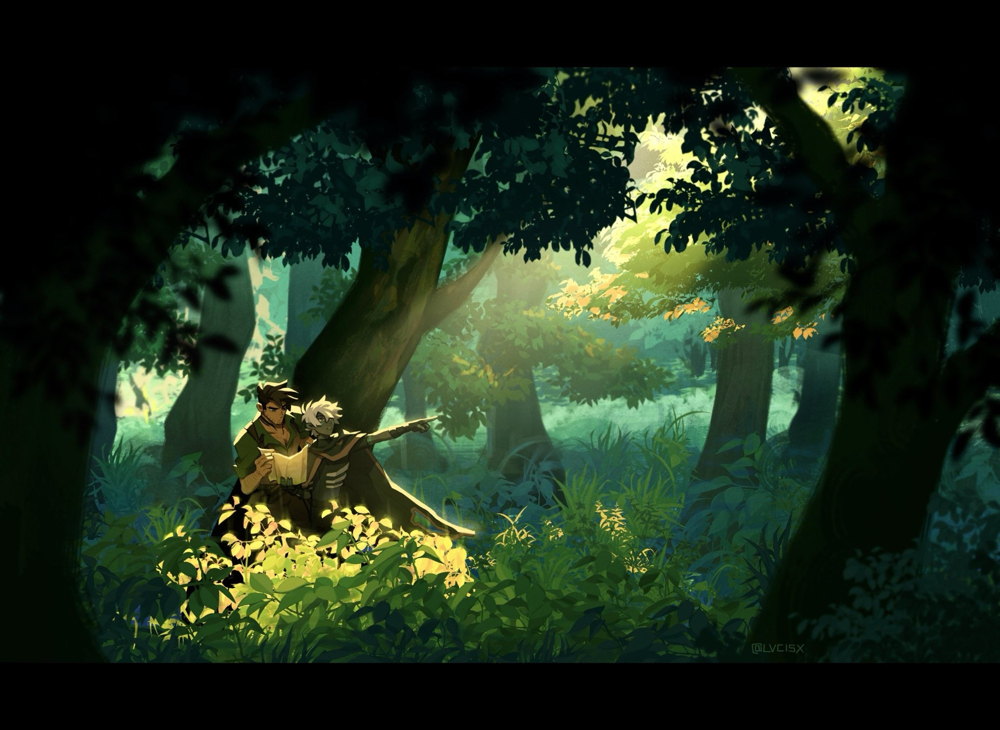 two characters standing in a forest full of plush greenery. character on the left is op's original character orion, looking at a map. character on the right is op's original character payne, holding the same map with an arm outstretched pointing the way. a beam of light highlights them through the top of the trees