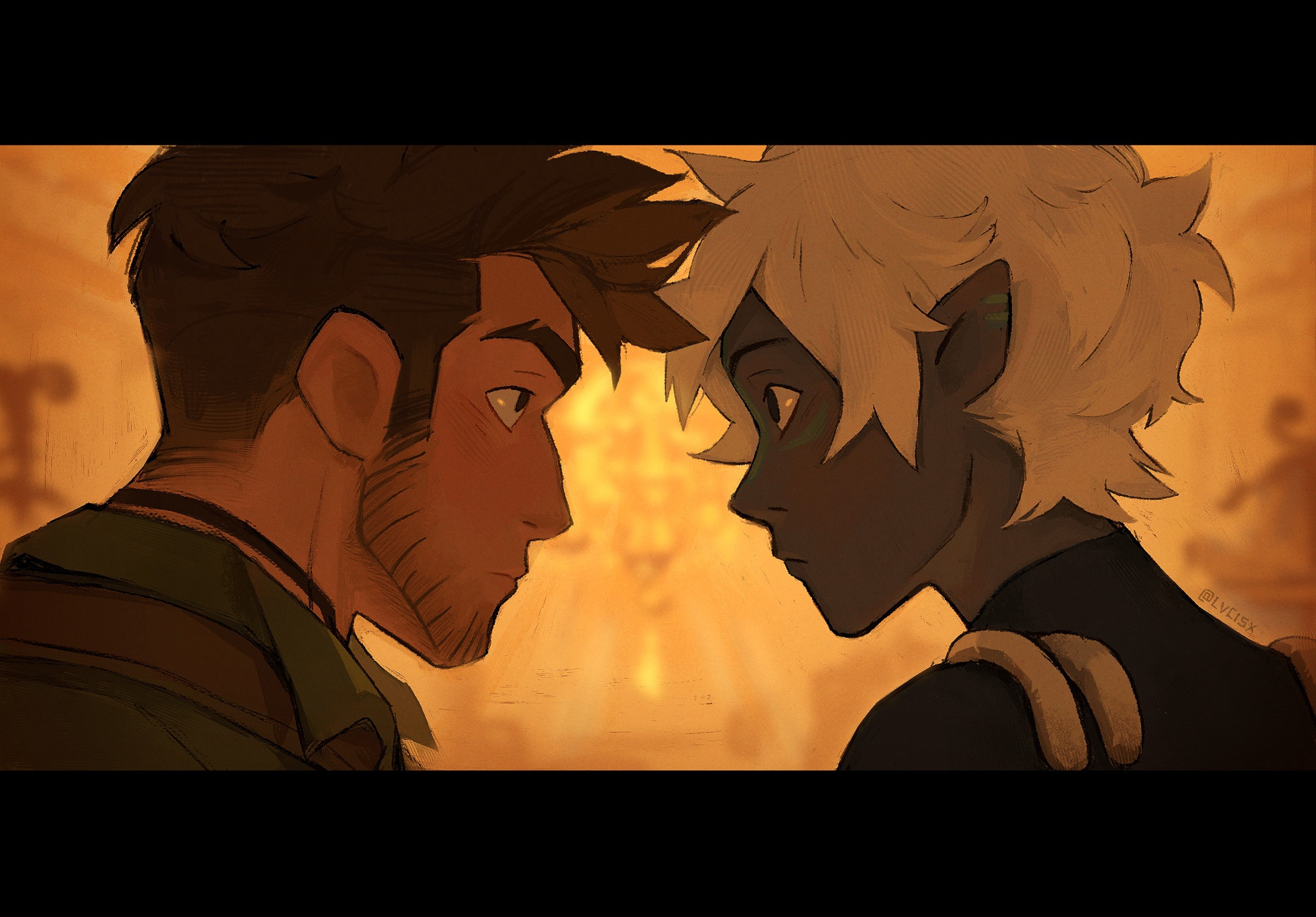 op's two original characters stare at each other in a blurred-out ballroom setting. op's original character orion is on the left and payne on the right. the setting has warm lighting and both characters have a very slight blush on their cheeks 