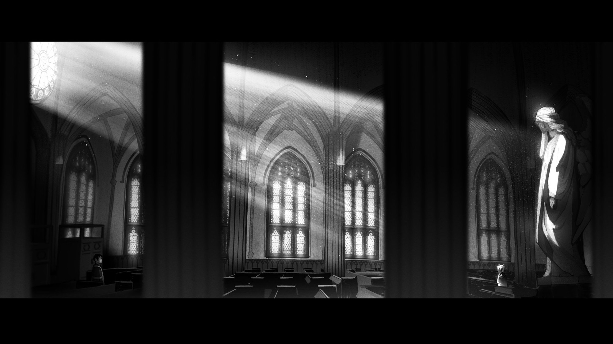 a black and white illustration of a cathedral. on the very right is an angel statue with her head in one hand as a strong beam of light highlights her through the rose window. two characters stand on opposite sides of the church— vincent stands on the left below the rose window casted in shadow while payne stands on the right, in front of the statue and in the window's light