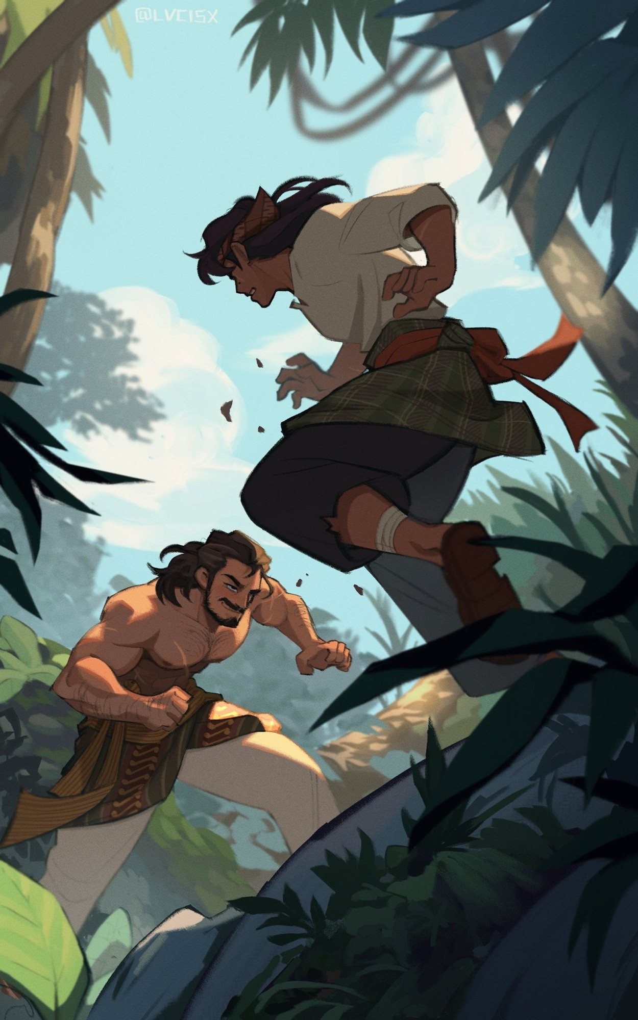 two characters having a friendly spar in the forest/jungle, an illustration created for the spring exchange event. characters belong to @bananacatlah!