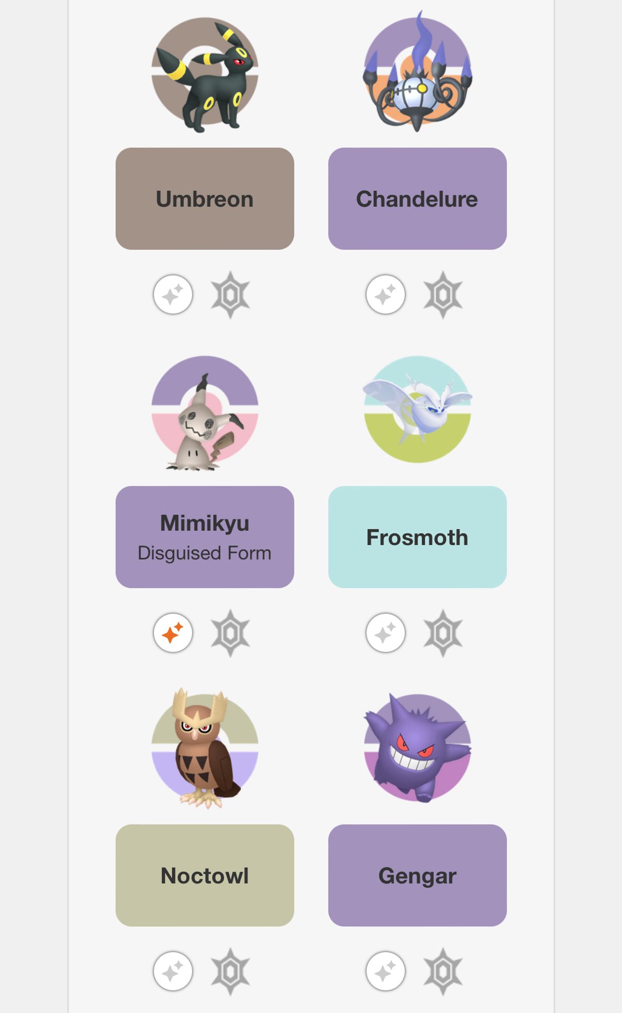 a pokemon team made up of umbreon, chandelure, shiny mimikyu, frosmoth, noctowl, and gengar.