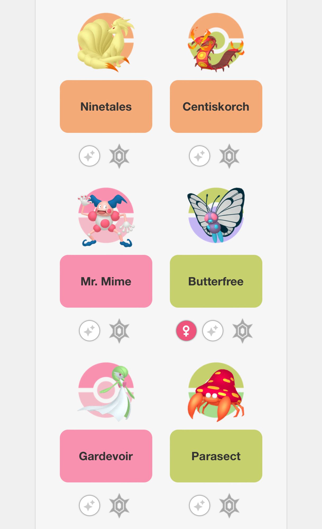 a pokemon team made up of ninetales, centiskorch, mr. mime, butterfree, gardevoir, and parasect.