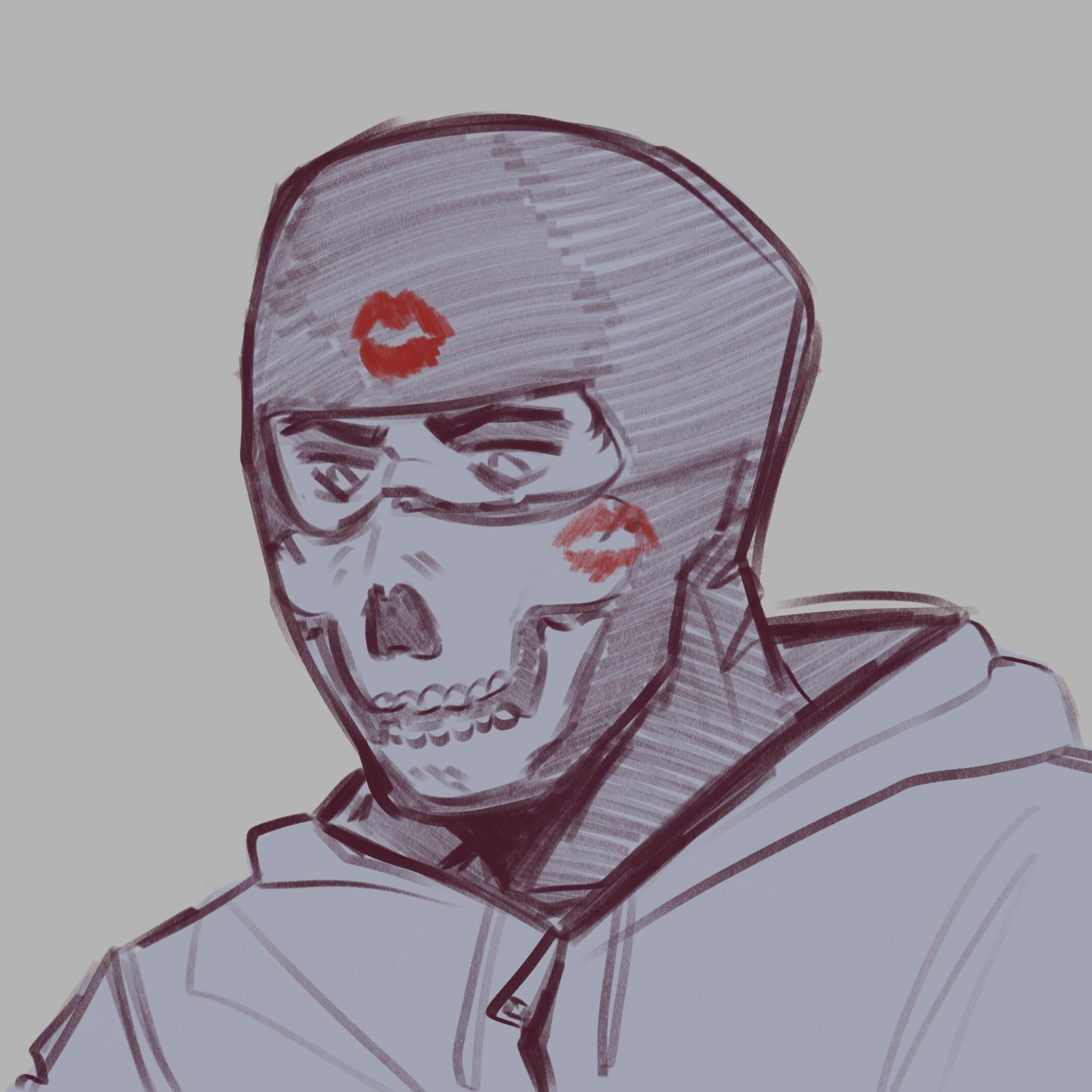 A drawing of Ghost from the 2009 modern warfare with two lipstick kiss marks on his mask 