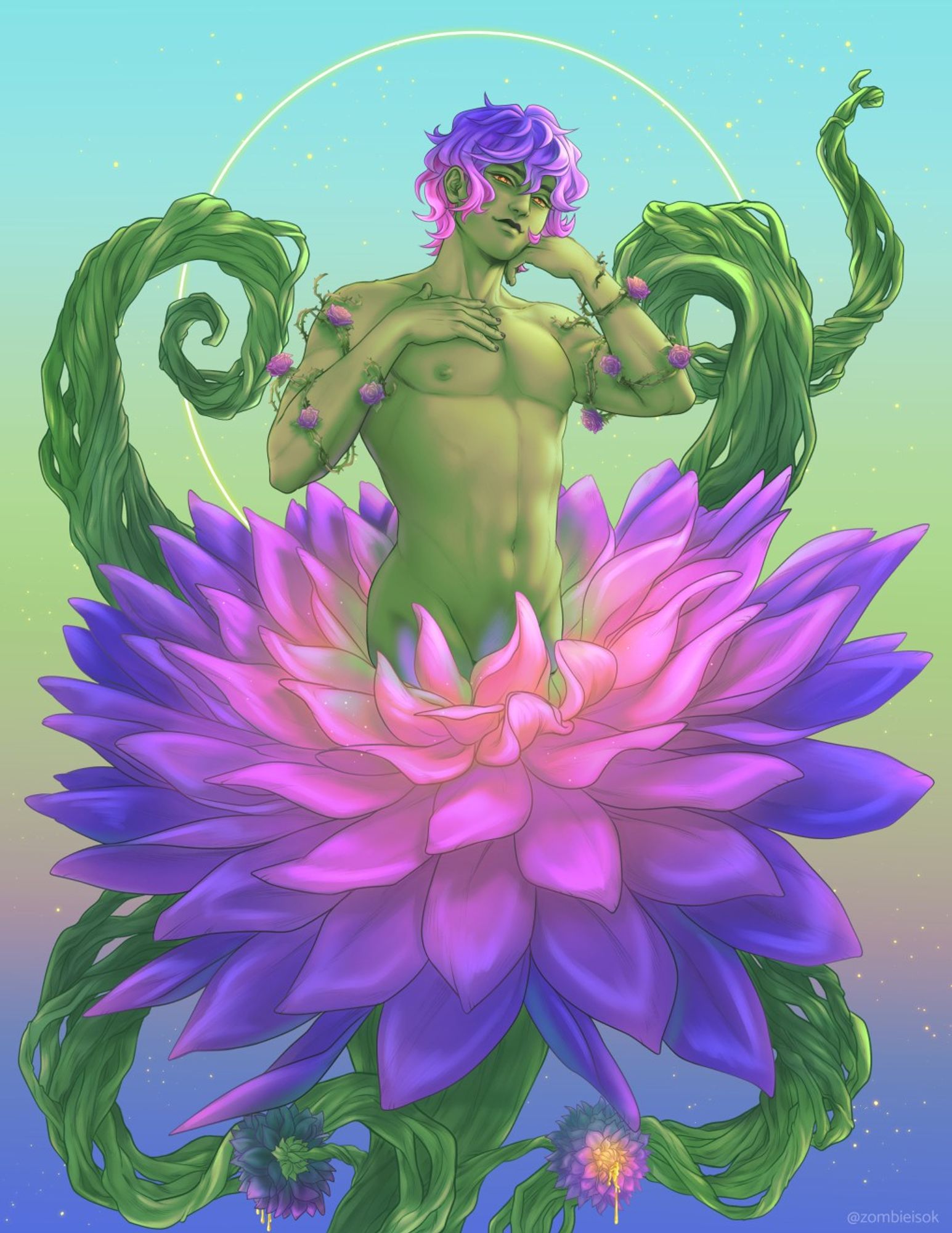 Portrait of a flirtatious green-skinned young man whose bottom half is a large purple and pink dahlia flower with large vines curling out from beneath.