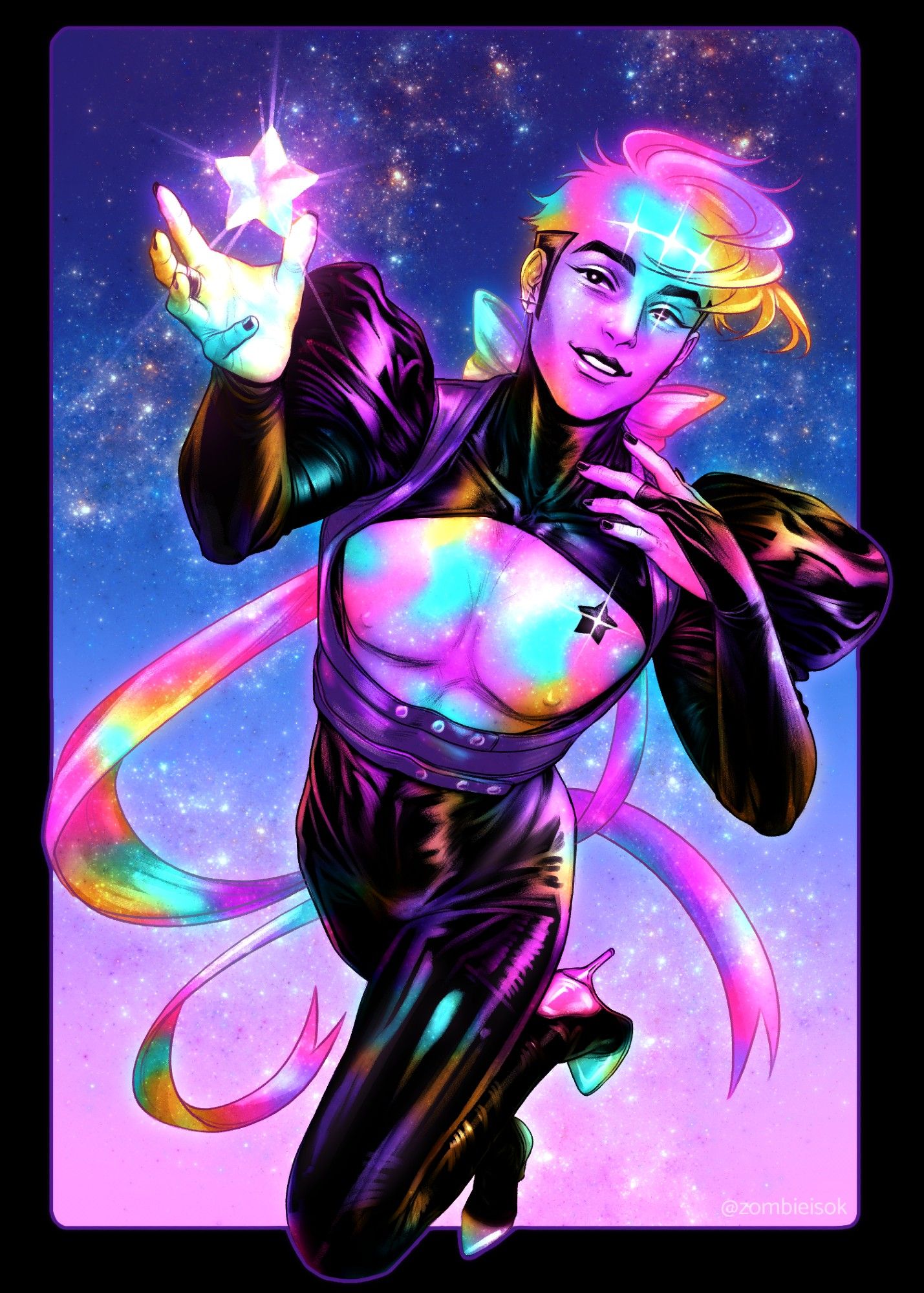 Colorful art of my stardust boyfriend oc wearing a puffy sleeved leather outfit that exposes his chest.