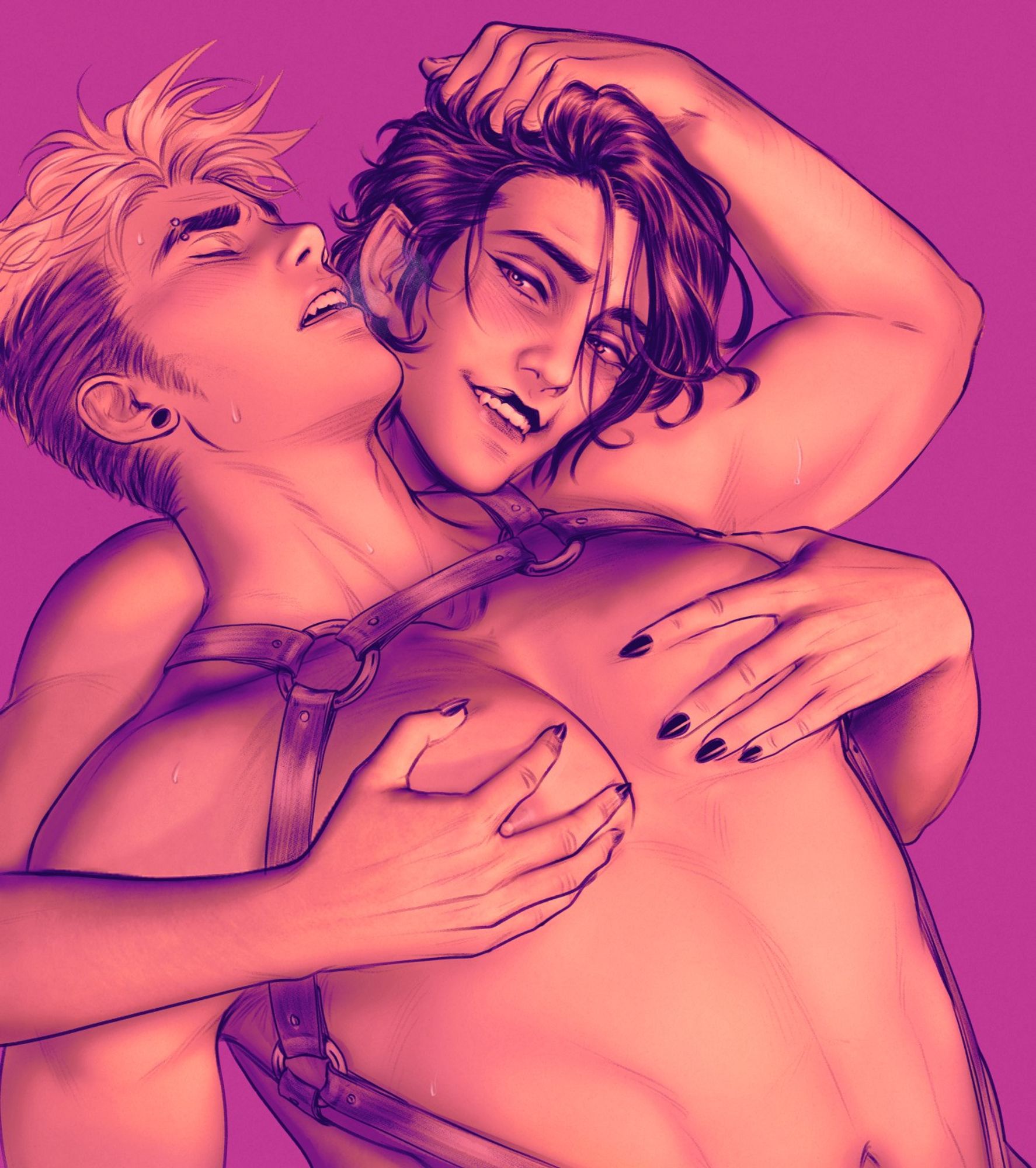 my oirignal characters Jules and August in a cropped sexual pose. August appears to be in the throes of ecstacy, while Jules gropes his chest.