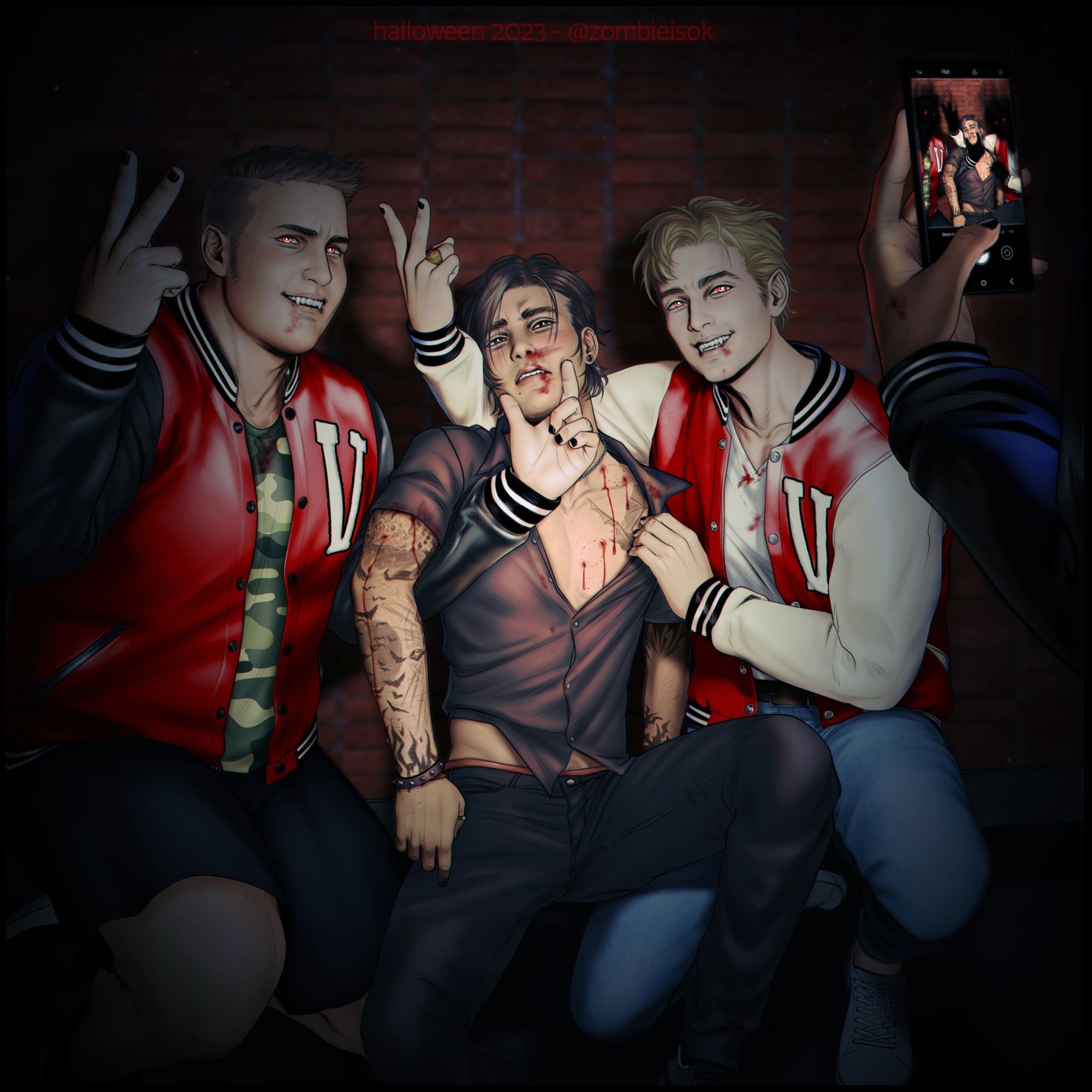 Jock vampires posing for a picture with a tattooed boy that they have apparently bitten several times. The vibes are homoerotic.