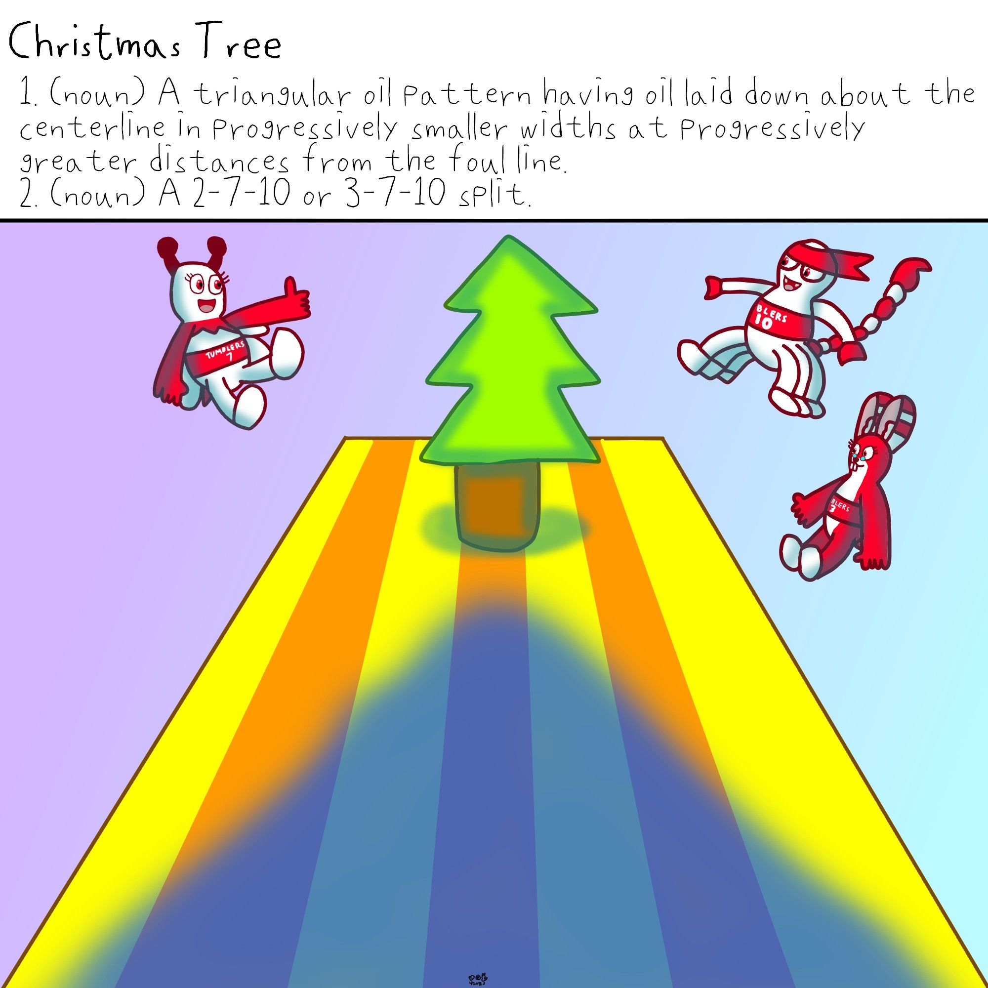 Christmas Tree
1. (noun)- A triangular oil pattern having oil laid down about the centerline in progressively smaller widths at progressively greater distances from the foul line.
2. (noun)- A 2-7-10 or 3-7-10 split.

Under the caption is a christmas tree at the deck of a bowling lane painted with blue oil in a triangular shape. Besides the tree are a bowling pin bee, a bowling pin scorpion and a bowling pin rabbit.