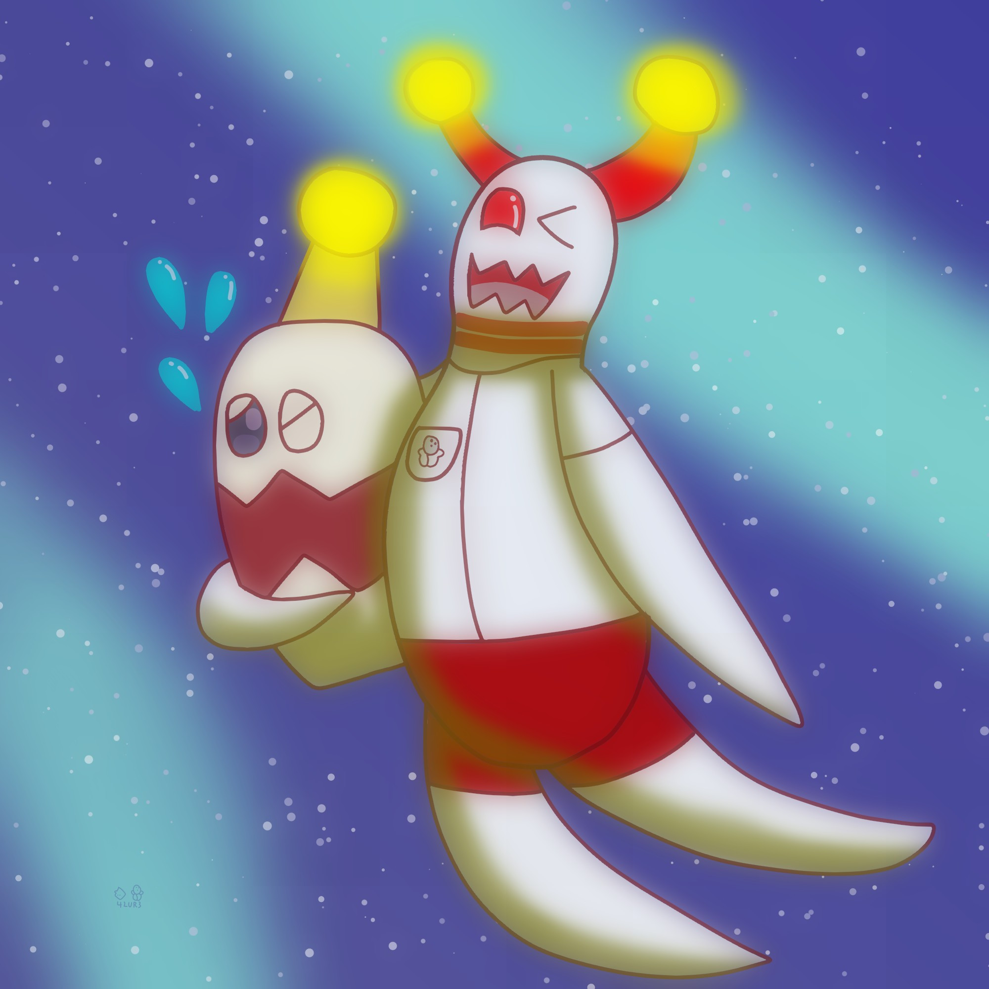 Zero, a bowling pin alien with two red stripes on his neck and two red antennae in school uniform hugging a Pinhead from Super Mario Galaxy 2, which is a bowling pin-shaped creature with two beady eyes, a squiggly red mouth, and a yellow antenna. Both aliens' antennae are glowing yellow, but the Pinhead's yellow glow is out of unease while Zero's yellow glow is out of joy.