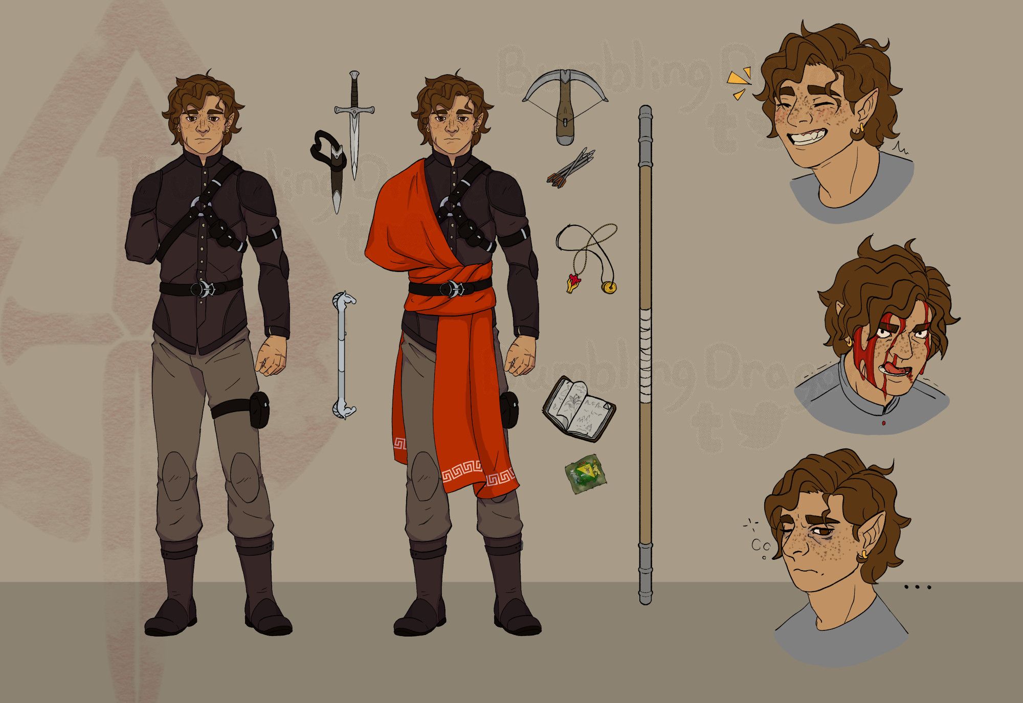 a character reference sheet of a one armed male half elf with light tan skin and wavy brown hair. the left shows him in his leather armor and harness, in the middle he has is wearing a red shawl over his right shoulder and his common belongings are displayed around him. on the right there are three portraits of him with different expressions.