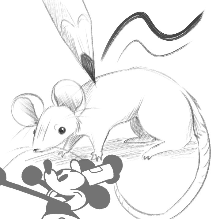 digital sketch of a mouse being drawn by a pencil. there is an image of Steamboat Willie in the bottom corner