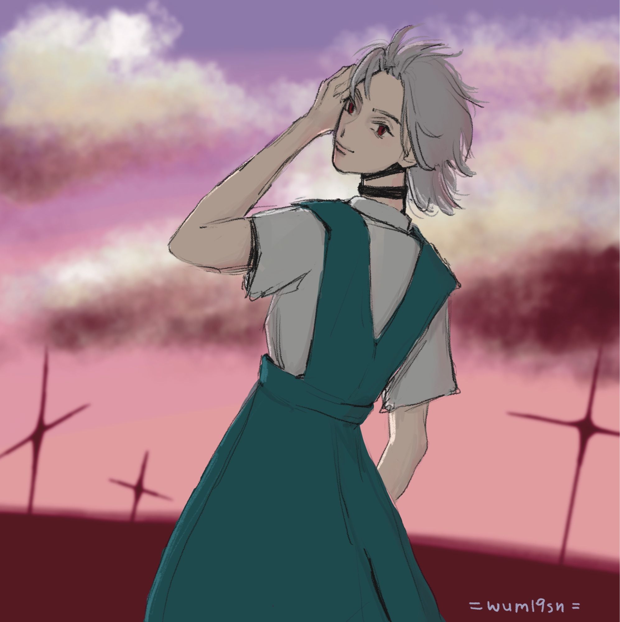 A drawing of a fanmade female version of Kaworu Nagisa, a character from the anime series Neon Genesis Evangelion, standing with her back facing us. She’s wearing a school uniform comprising of a white shirt and a blue–green (teal) skirt. She’s looking at us over her shoulder. In front of her is a pink and violet sky reminding that of at dusk, with clouds on it. The ground is dark blood red with think crosses sticking from it.