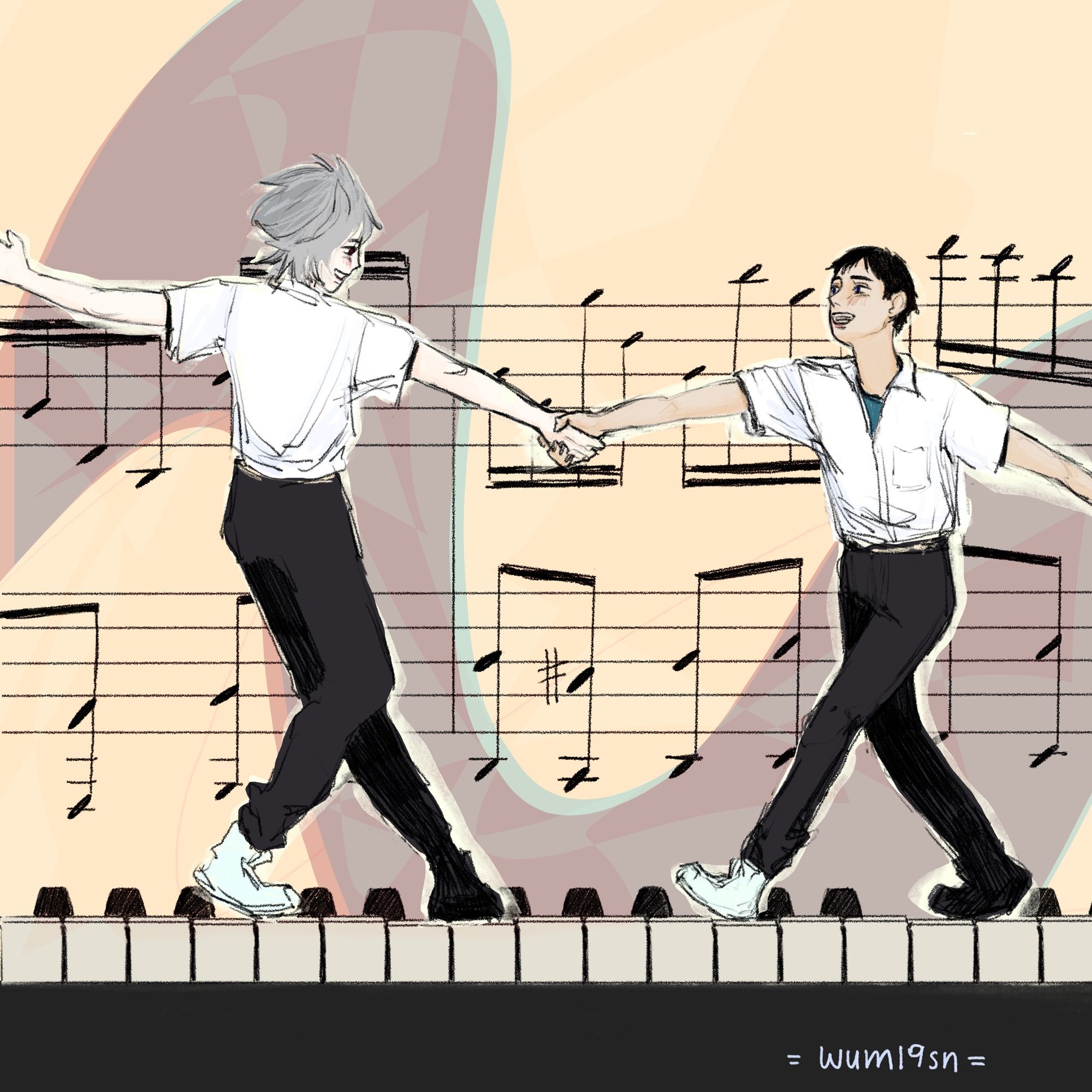 Kaworu Nagisa and Shinji Ikari, characters from the anime series Neon Genesis Evangelion, are dancing on piano keys. A part of piano sheet music for Quatre Mains by Shiro Sagisu is written on the background.