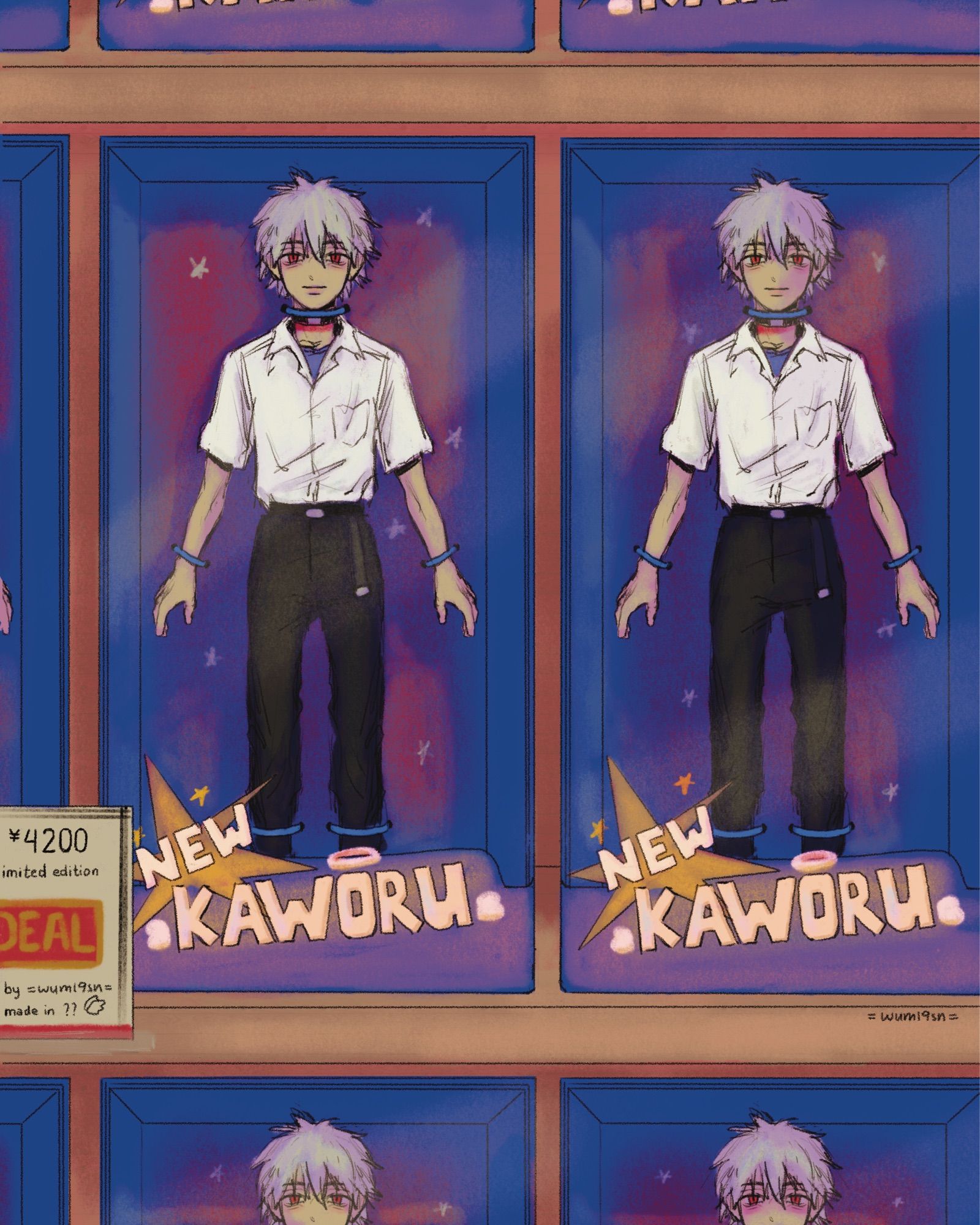 An illustration with Kaworu Nagisa, a character from the anime series Neon Genesis Evangelion. It depicts a shelf with dolls in a supermarket, and the dolls all are Kaworu Nagisa limited edition dolls.