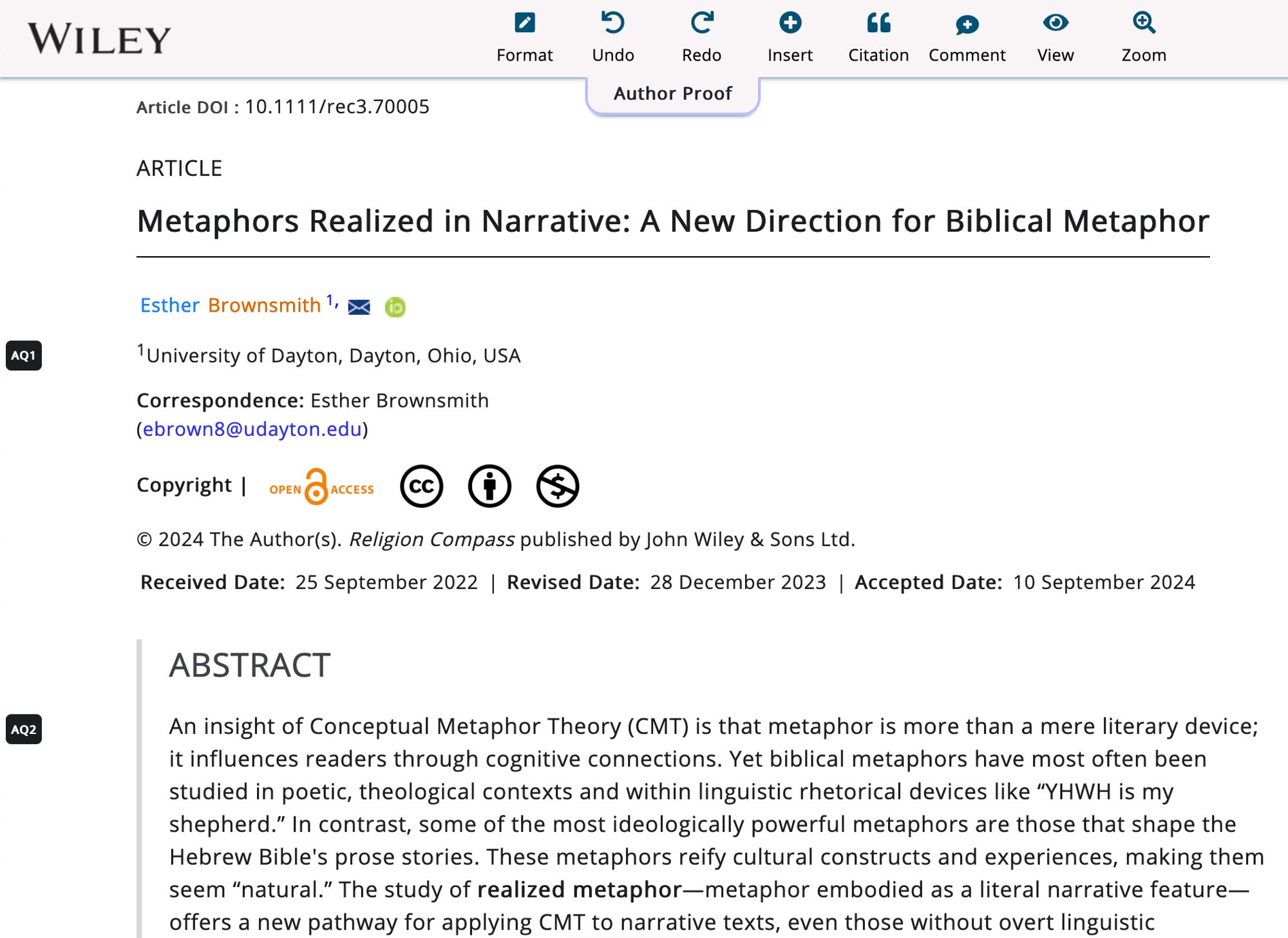 A screenshot of a Wiley editorial screen for an article titled "Metaphors Realized in Narrative: A New Direction for Biblical Metaphor," due to be published in Religion Compass.