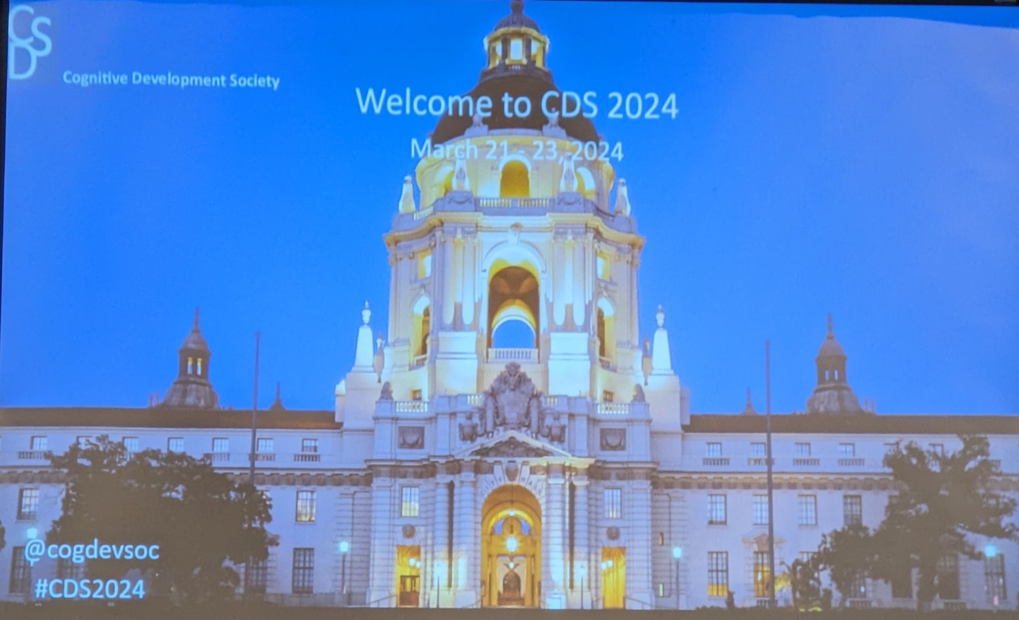 Slide with a picture of the Pasadena city hall and a note welcome to cds 2024