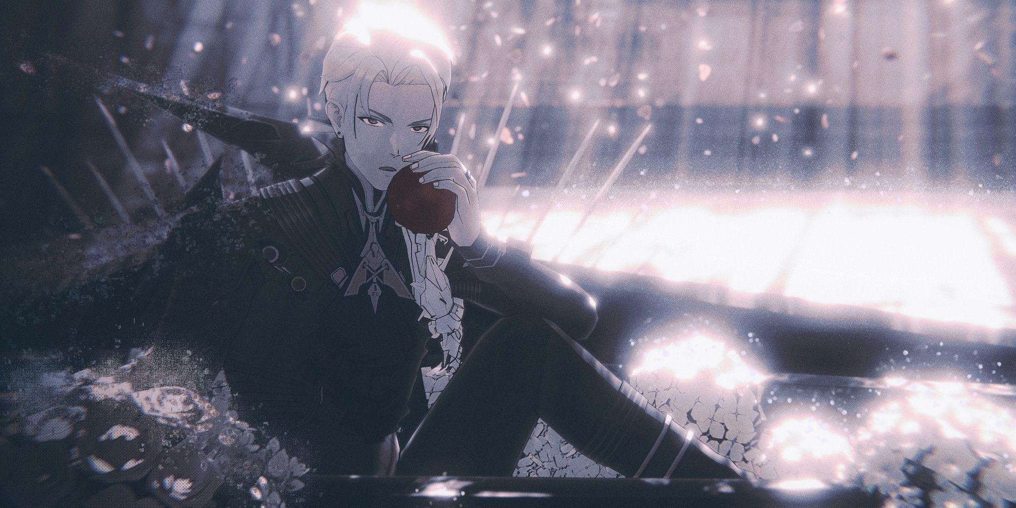 Chrome Glory in his Nosferatu coating. He is in a church as line shines down upon him. Chrome is sitting in a coffin with flowers surrounding him as he enjoys an apple while looking at the viewer.