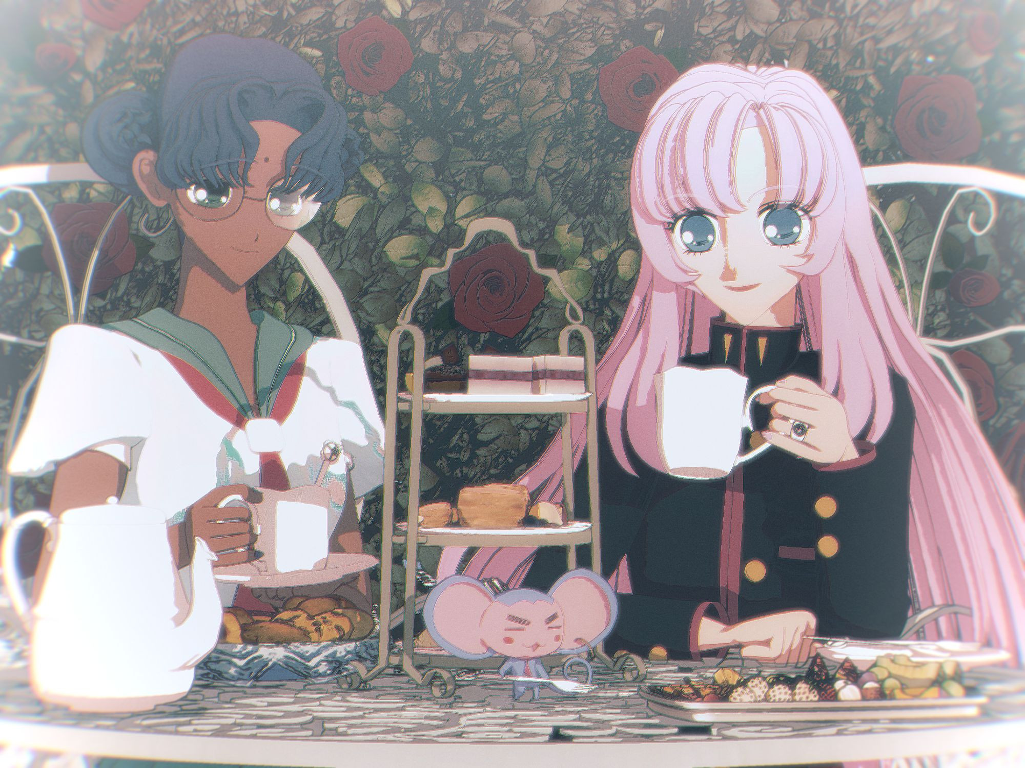 Utena and Anthy enjoying tea together in a garden, as they watch over Chuchu.