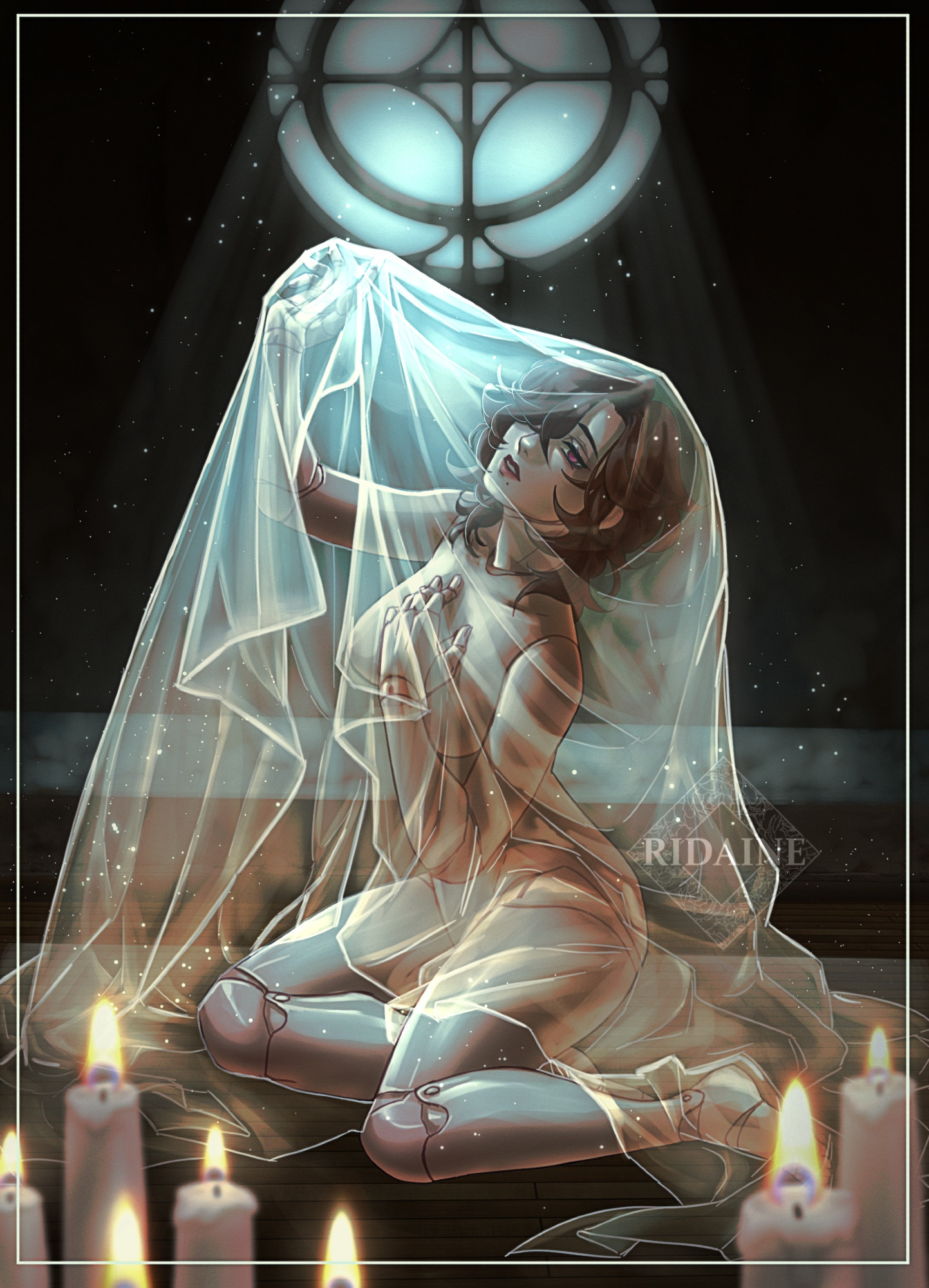 A fair skinned woman sits in a dusty attic. Light from a circular window casts down on her, illuminating the dust in the air. She has short messy brown hair that falls over one of her empty looking eyes. A thin transparent sheet covers her head, meant to look like a wedding veil but serving the purpose of a shroud. 
Under the veil you can see that her body is joined like a doll, with one hand lifting the veil upwards and the other placed over her chest. 

Candles light the foreground of the image in contrast to the cool lighting from the window.
