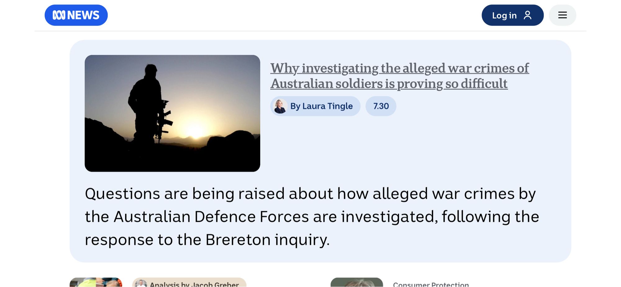 Screenshot, ABC News headline: Why investigating the alleged war crimes of Australian soldiers is proving so difficult