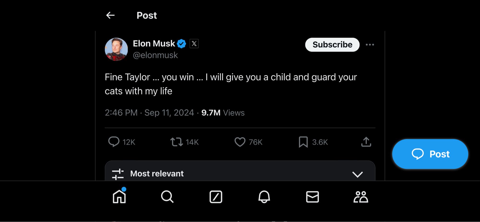 Screenshot of Musk tweet: Fine Taylor... you win... I will give you a child and guard your cats with my life