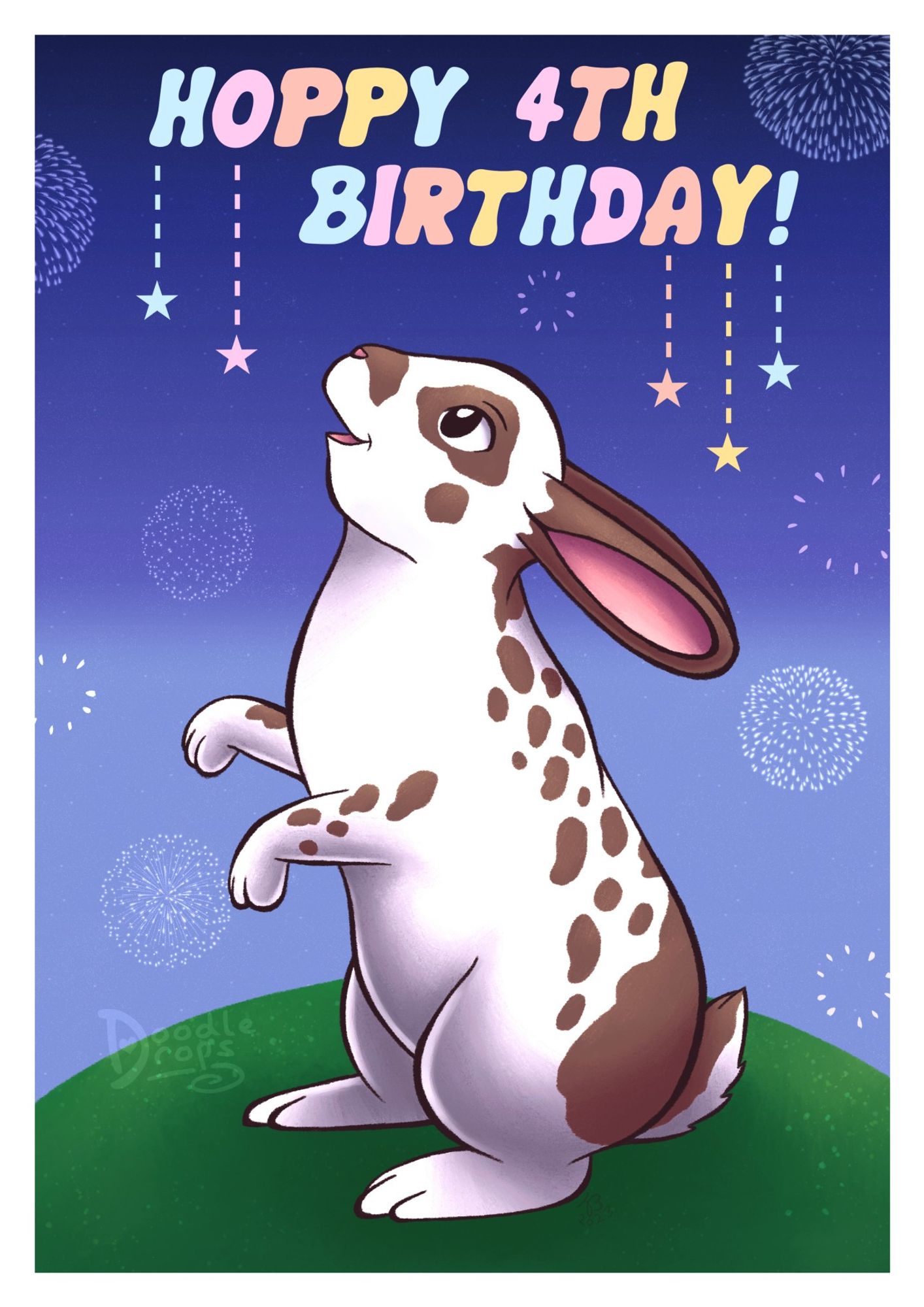 A cute rabbit, white with brown spots, looking up at the sky where fireworks are going off. 'Hoppy 4th Birthday!' is written above the rabbit in pastel colours, with stars hanging from some of the letters.