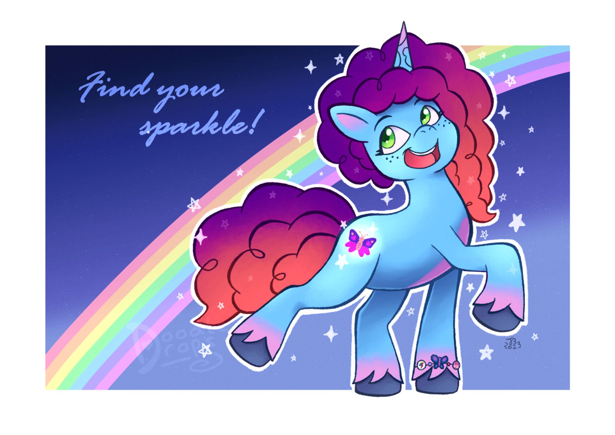 Digital illustration of Misty Brightdawn from MLP G5. She is stood happily in a pose, with one front and one back leg raised. Sparkles are all around her and her cutie mark (a butterfly) is glowing. Behind her is a pastel rainbow and in the top left there is writing which reads 'Find Your Sparkle!'