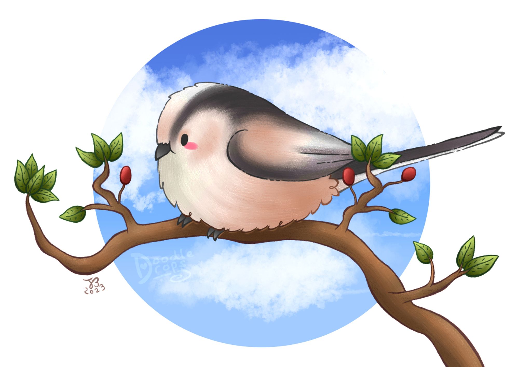 Digital illustration of a fluffy long-tailed tit which is sat perched on a branch with leaves and berries on it. The background is a circle with a blue sky and clouds.